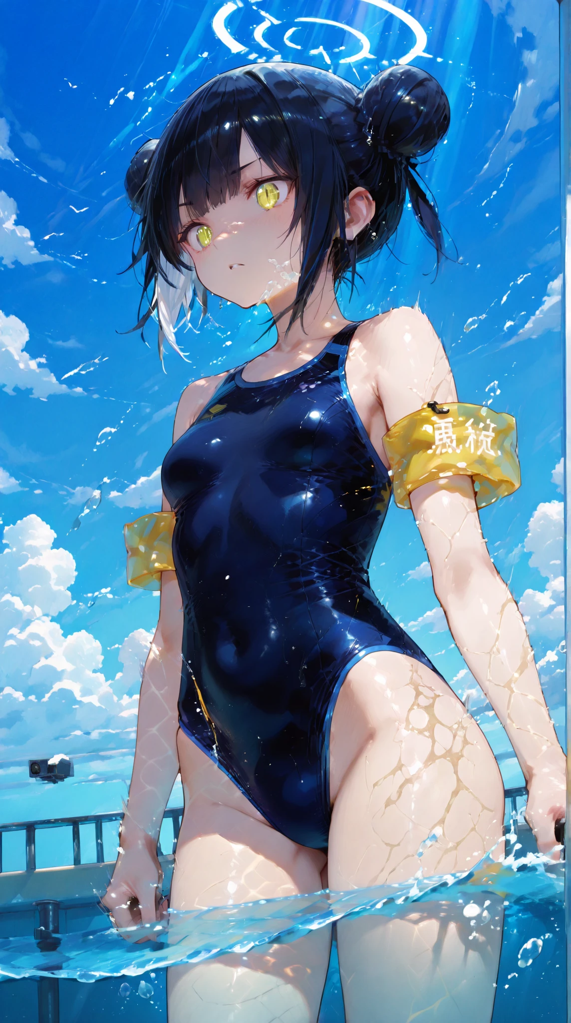 ((Lying on a rubber boat floating on the sea)), ((rash guard)), ((Sleeveless)), ((swimsuit sides see-through)), ((The swimsuit is a vivid color)), holographic fabric, ?????????????, skinny, solo, 1 woman, Masterpiece, highest quality, highest quality, 16K, incredibly absurd, highly detailed, 2.5D, ai-generated, delicate and dynamic, very delicate facial expressions, delicate eye depiction, ??????, only ???? woman, ((A cute and kind face)), healthy figure, 25-year-old woman, bride, 160cm tall, medium firm swaying bust, (dark hair), black eye, blush, Sweat,Embarrassed,????, ((thin thighs)), (????? ???????:0.7), (visible ???????:0.7), ((shiny and lustrous)), facing straight at viewer, ((brown black skin)), ((Oily_skin)), sweaty skin, wet skin, (suntan), dutch angle, ((???? pose)), Dynamic poses, ((Summer Sea)), Strong sunlight, ((On the open sea)), ((???? pose)),, ((Lying)), Navel, ((On the open sea)), Knee Up,