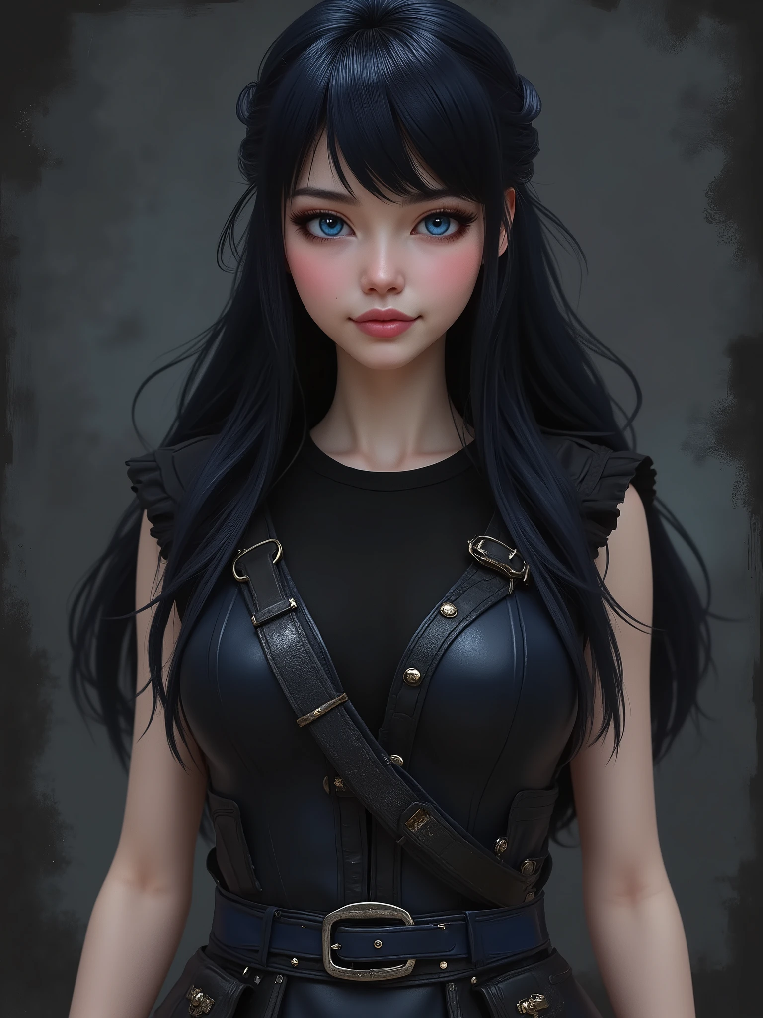 marinette Dopanchan, A very beautiful and cute 22 year old woman with a slight smile. (((Shy smile))), sharp focus on the face, (((Western eyes:1.5))), (((Extremely detailed ice-blue eyes, beautiful eyes, beautifully detailed eyes))), (((delicately detailed thin pink lips))), (((long hair, shiny hair))), (((black medieval steampunk style sleeveless t-shirt))), (((Dark Blue medieval steampunk style leather warrior pants))), (((full body view, dynamic pose, standing:1.5, graceful pose))), (((The background is Dark Gray and painted with expressive, visible textures using dynamic brushstrokes and strokes that add depth and movement. The paint covers only the area just behind the subject. The outer edges of the image with black margins, as if the background had been painted with a brush and with expressive and visible textures using dynamic brushstrokes and strokes fading toward the edges creating a modern and artistic vignette effect))). Cinematic lighting, soft depth of field, (((masterpiece/high resolution/Best Quality/top quality/high quality/UHD/16k quality))), sharp focus, no blur, film grain, bokeh.