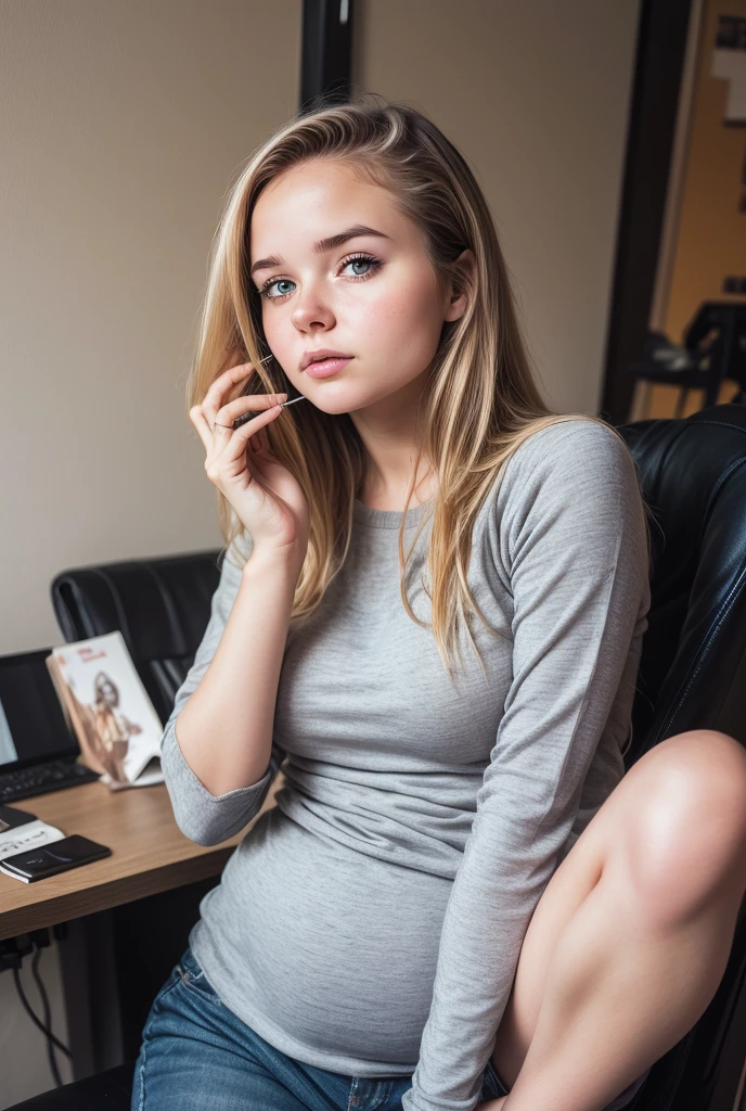 Blonde girl sitting on a chair with a bun of hair and a dark theme in high definition