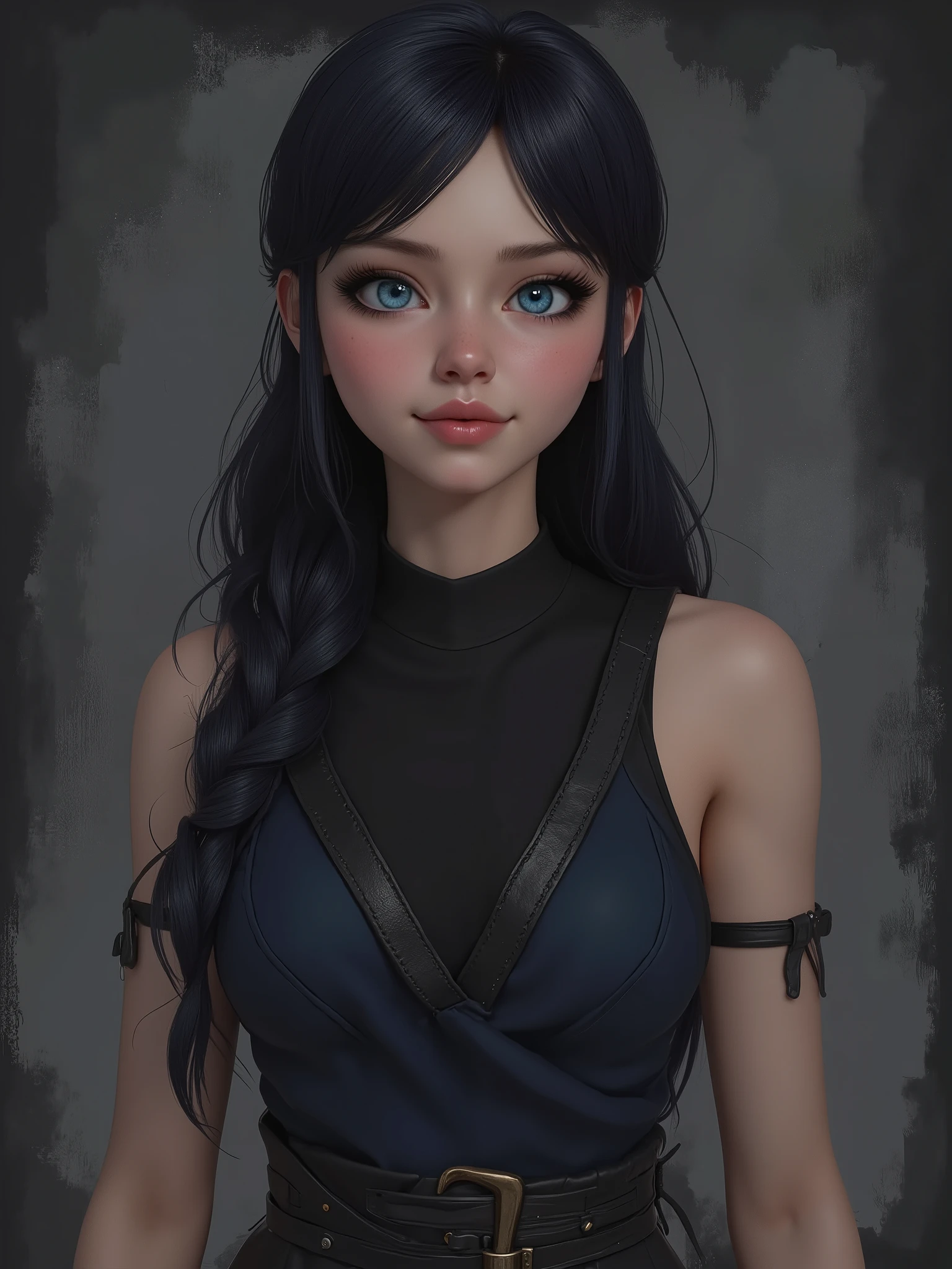 marinette Dopanchan, A very beautiful and cute 22 year old woman with a slight smile. (((Shy smile))), sharp focus on the face, (((Western eyes:1.5))), (((Extremely detailed ice-blue eyes, beautiful eyes, beautifully detailed eyes))), (((delicately detailed thin pink lips))), (((long hair, shiny hair))), (((black medieval steampunk style sleeveless t-shirt))), (((Dark Blue medieval steampunk style leather warrior pants))), (((full body view, dynamic pose, standing:1.5, graceful pose))), (((The background is Dark Gray and painted with expressive, visible textures using dynamic brushstrokes and strokes that add depth and movement. The paint covers only the area just behind the subject. The outer edges of the image with black margins, as if the background had been painted with a brush and with expressive and visible textures using dynamic brushstrokes and strokes fading toward the edges creating a modern and artistic vignette effect))). Cinematic lighting, soft depth of field, (((masterpiece/high resolution/Best Quality/top quality/high quality/UHD/16k quality))), sharp focus, no blur, film grain, bokeh.