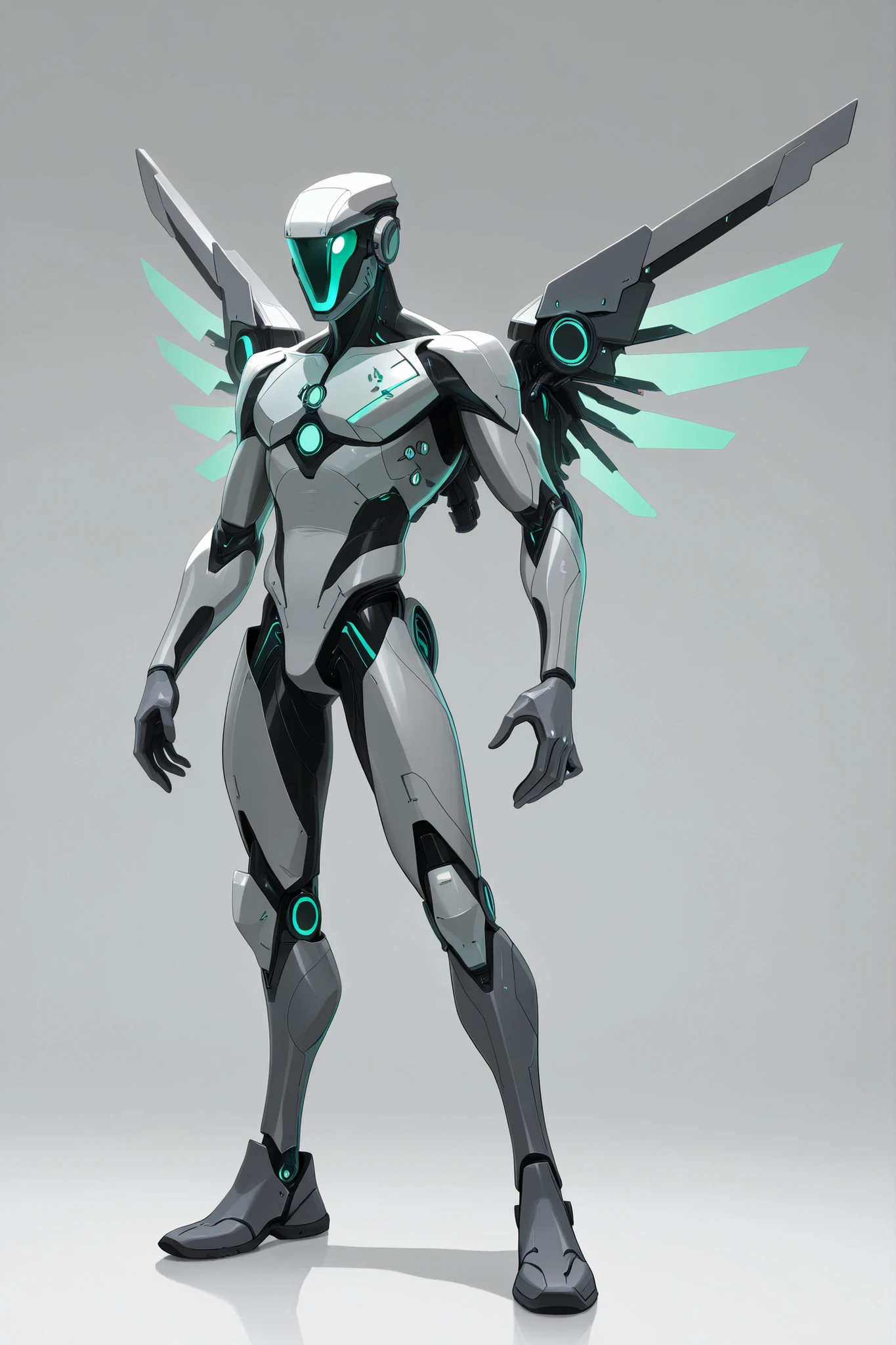 A man wearing a grey skinned nanotech sleek design armour, white, lightweight, nanotechnology, green glowing tiny triangular reactor on chest, high-tech grey helmet , tall athletic male body, holographic high-tech mechanical wings at the back, good body proportion, 2D cartoon style, cinematic depth, white background, The lighting is cinematic, good lighting, high tech armour, 8K ultra HD, high quality, highly detailed brush texture, cartoon style, front view, dynamic flying pose, character design, bold black outlines, full body, flat colours, no antenna, no horns, no extended metal plates, no gauntlet, no glowing lines on the armour, no black colour on the armour 