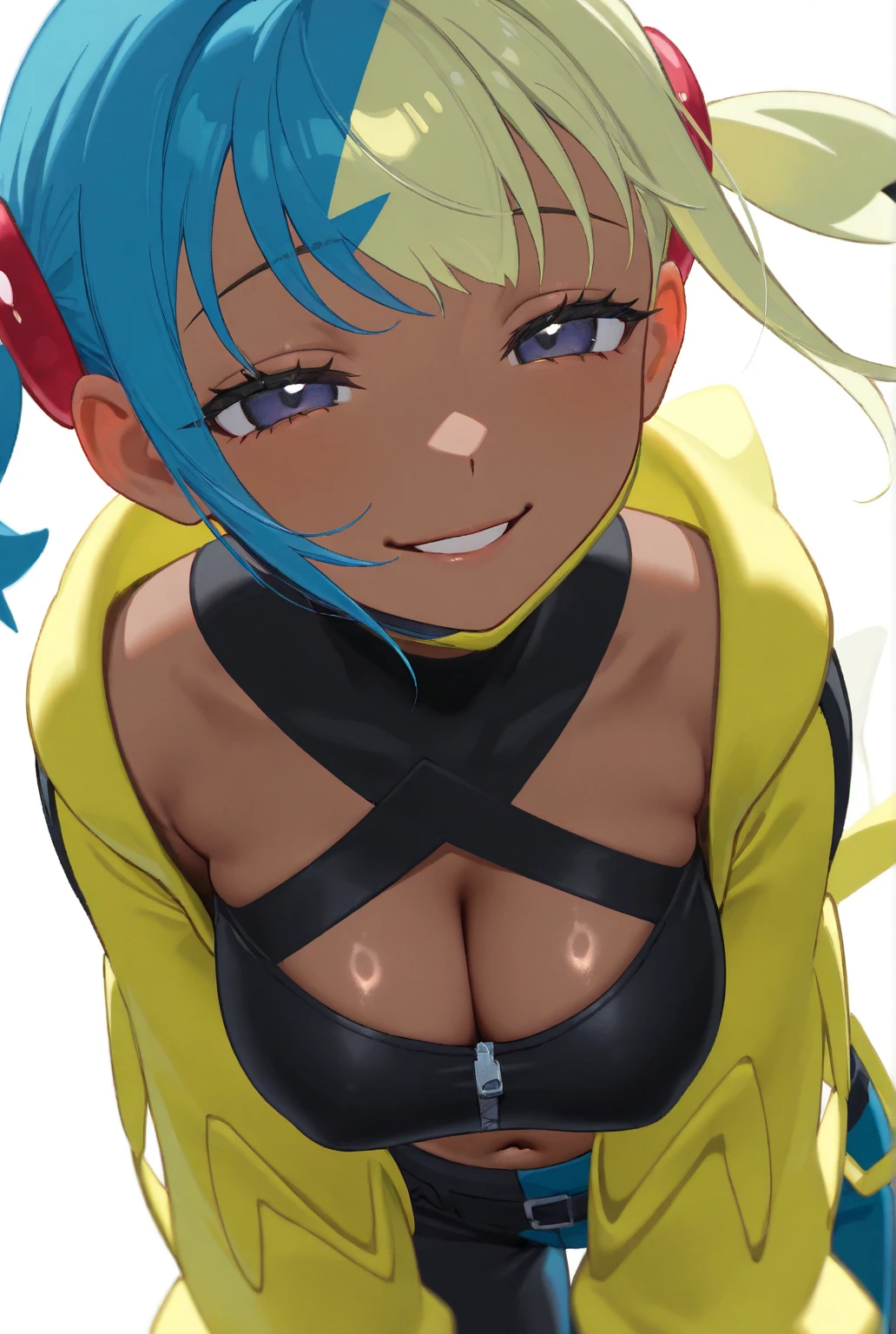 1girl, solo, pokemon iono, blue hair, bow-shaped hair, character hair ornament, hair ornament, long hair, low-tied long hair, multicolored hair, pink hair, sharp teeth, split-color hair, ((twintails)), two-tone hair, (pink eyes), bracelet, thighhighs, makeup, mascara, evil grin, smirk 1girl, solo, blonde hair, (microdress), (golden), (bodycon:1.2), blush, eyeslashes, cleavage, navel, (face focus), corruption, (o-ring:1.2), arms behind head, armpit, jewelry, necklace, waist cutout, wide ??????????? BREAK masterpiece, best quality, glowing skin, mature figure, voluptuous body, shiny skin, mature women, gigantic hanging ???????, from the front, (chromatic aberration, intricate details), dynamic angle, 40K, HDR, highres, (small ??????, flat ?????:1.3)