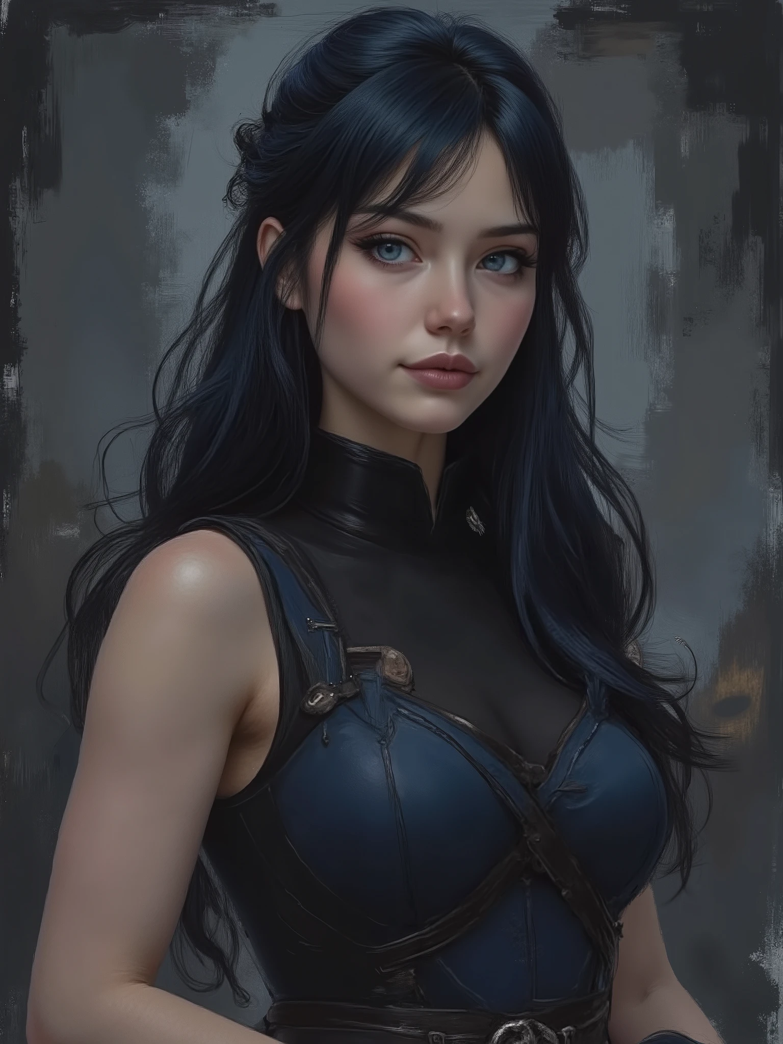 sketch painting, marinette Dopanchan, A very beautiful and cute 22 year old woman with a slight smile. (((Shy smile))), sharp focus on the face, (((Western eyes:1.5))), (((Extremely detailed ice-blue eyes, beautiful eyes, beautifully detailed eyes))), (((delicately detailed thin pink lips))), (((long hair, shiny hair))), (((black medieval steampunk style sleeveless t-shirt))), (((Dark Blue medieval steampunk style leather warrior pants))), (((full body view, dynamic pose, standing:1.5, graceful pose))), (((The background is Dark Gray and painted with expressive, visible textures using dynamic brushstrokes and strokes that add depth and movement. The paint covers only the area just behind the subject. The outer edges of the image with black margins, as if the background had been painted with a brush and with expressive and visible textures using dynamic brushstrokes and strokes fading toward the edges creating a modern and artistic vignette effect))). Cinematic lighting, soft depth of field, (((masterpiece/high resolution/Best Quality/top quality/high quality/UHD/16k quality))), sharp focus, no blur, film grain, bokeh.