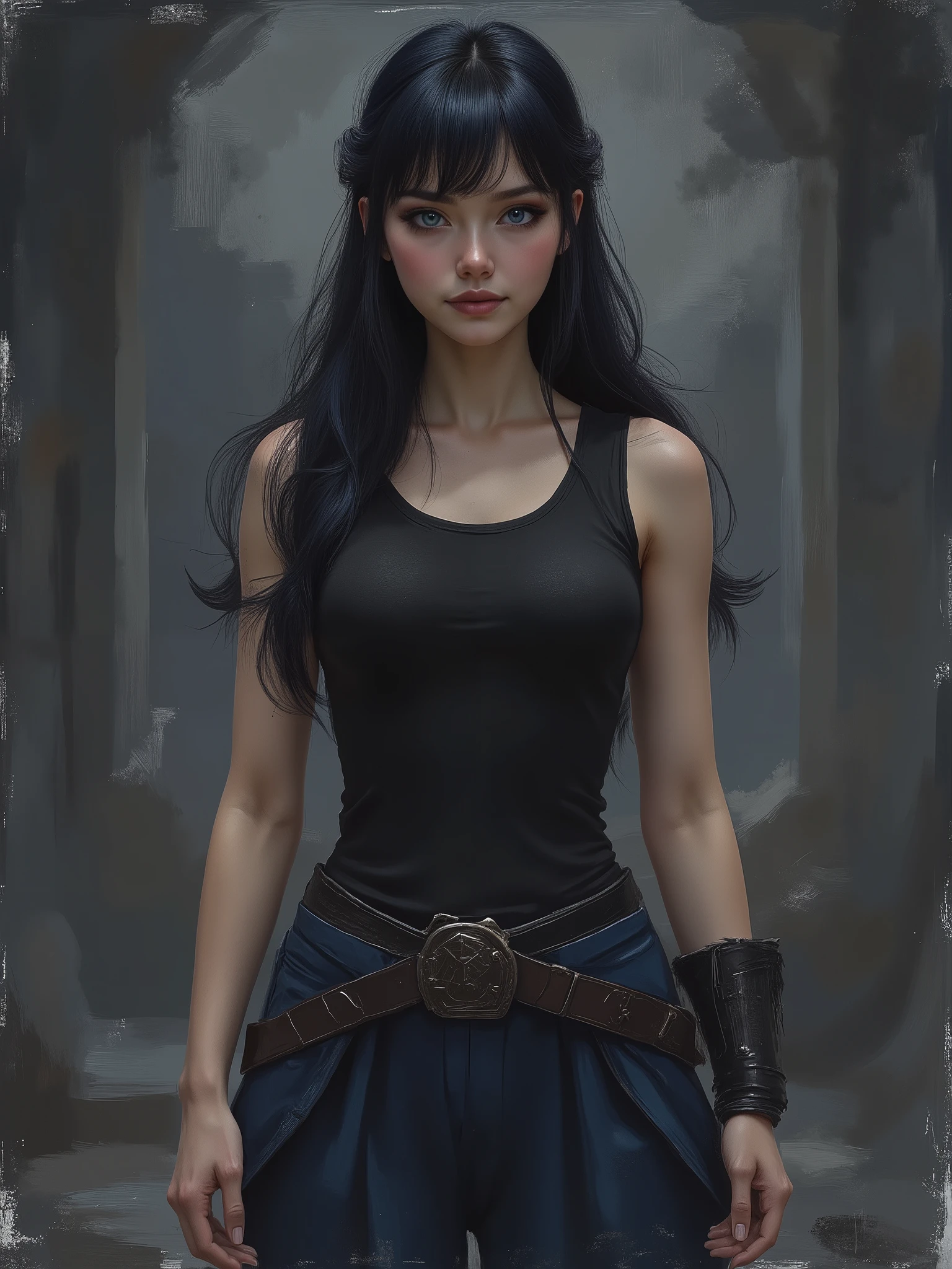 sketch painting, marinette Dopanchan, A very beautiful and cute 22 year old woman with a slight smile. (((Shy smile))), sharp focus on the face, (((Western eyes:1.5))), (((Extremely detailed ice-blue eyes, beautiful eyes, beautifully detailed eyes))), (((delicately detailed thin pink lips))), (((long hair, shiny hair))), (((black medieval steampunk style sleeveless t-shirt))), (((Dark Blue medieval steampunk style leather warrior pants))), (((full body view, dynamic pose, standing:1.5, graceful pose))), (((The background is Dark Gray and painted with expressive, visible textures using dynamic brushstrokes and strokes that add depth and movement. The paint covers only the area just behind the subject. The outer edges of the image with black margins, as if the background had been painted with a brush and with expressive and visible textures using dynamic brushstrokes and strokes fading toward the edges creating a modern and artistic vignette effect))). Cinematic lighting, soft depth of field, (((masterpiece/high resolution/Best Quality/top quality/high quality/UHD/16k quality))), sharp focus, no blur, film grain, bokeh.