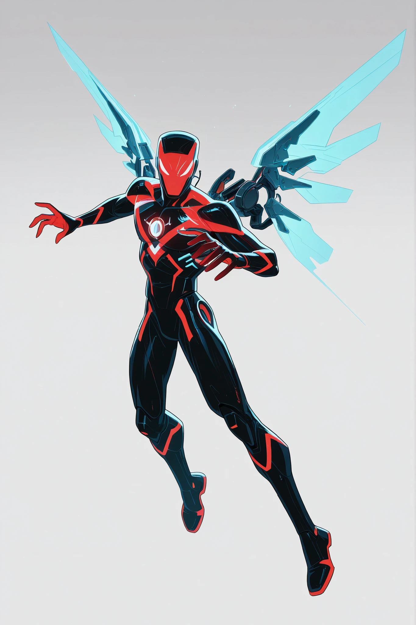 A man wearing a red skinned nanotech sleek design armour and flying, red, lightweight, nanotechnology, blue glowing tiny triangular reactor on chest, high-tech blue helmet , tall athletic male body, holographic high-tech mechanical wings with rocket plasma thrusters at the back, blue plasma stream at the back, good body proportion, 2D cartoon style, cinematic depth, white background, The lighting is cinematic, good lighting, high tech armour, 8K ultra HD, high quality, highly detailed brush texture, cartoon style, front view, dynamic superhero  flying pose, character design, bold black outlines, full body, flat colours, no antenna, no horns, no extended metal plates, 