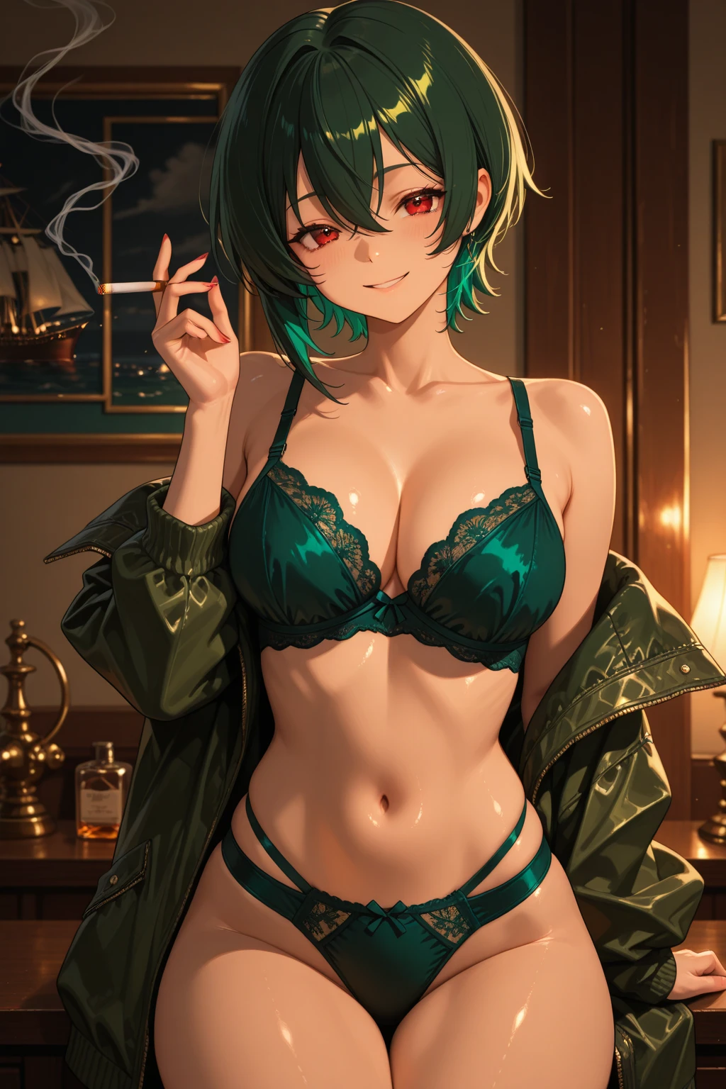 fubuki, fubuki, Black Hair, Green Eyes, short hair, (:1.2), good, panties, black good, black panties, Portrait Shot, Upper Body Shot, Face Focus, Close-up shot, only Upper Body Shot, break indoors, office, break looking at viewer, break (masterpiece:1.2), Highest quality, High resolution, unity 8k wallpaper, (figure:0.8), (Beautiful attention to detail:1.6), Highly detailed face, Perfect lighting, Highly detailed CG, (Perfect hands, Perfect ), A proud smile