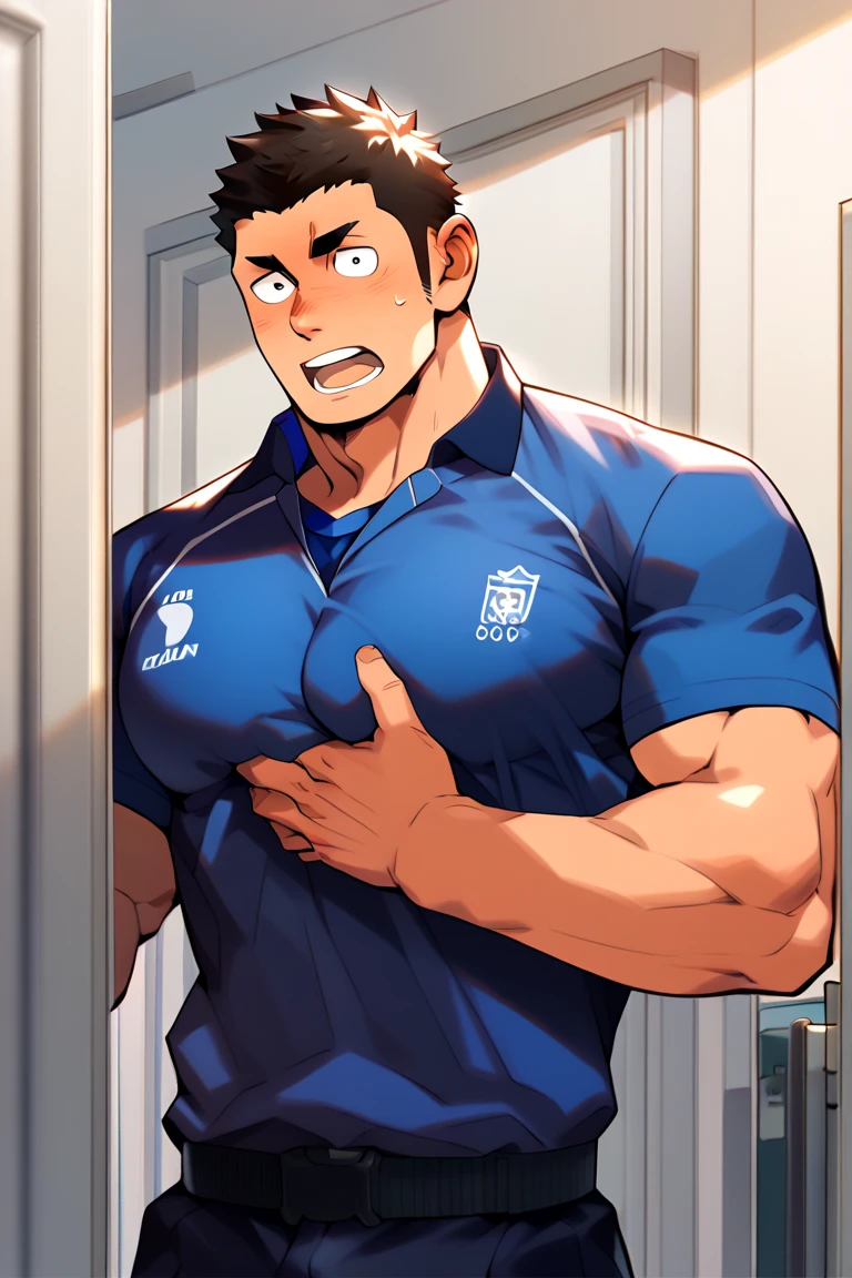 (: 1.5), (handsome Man sitting on table eating bread ),(crew cut short hair:1.8),black eye,(Wear a fitted round neck t-shirt in navy with a police badge.:1.5),(fit neck),Navy blue jeans,(black_gloves:1.2), Korean guy,chest muscles,large arm muscles,blood vessel,Big muscles,Broad shoulders, (open mouth:1.5),(face up:1.2),(close eyes:1.5), middle of the road, In the bread shop, ( :1.8), ( very long: 1.6),  very Big, (Big ), ( of the : 1.6), ((very big, very long )), , hold your hand on your , () , bread in hand 