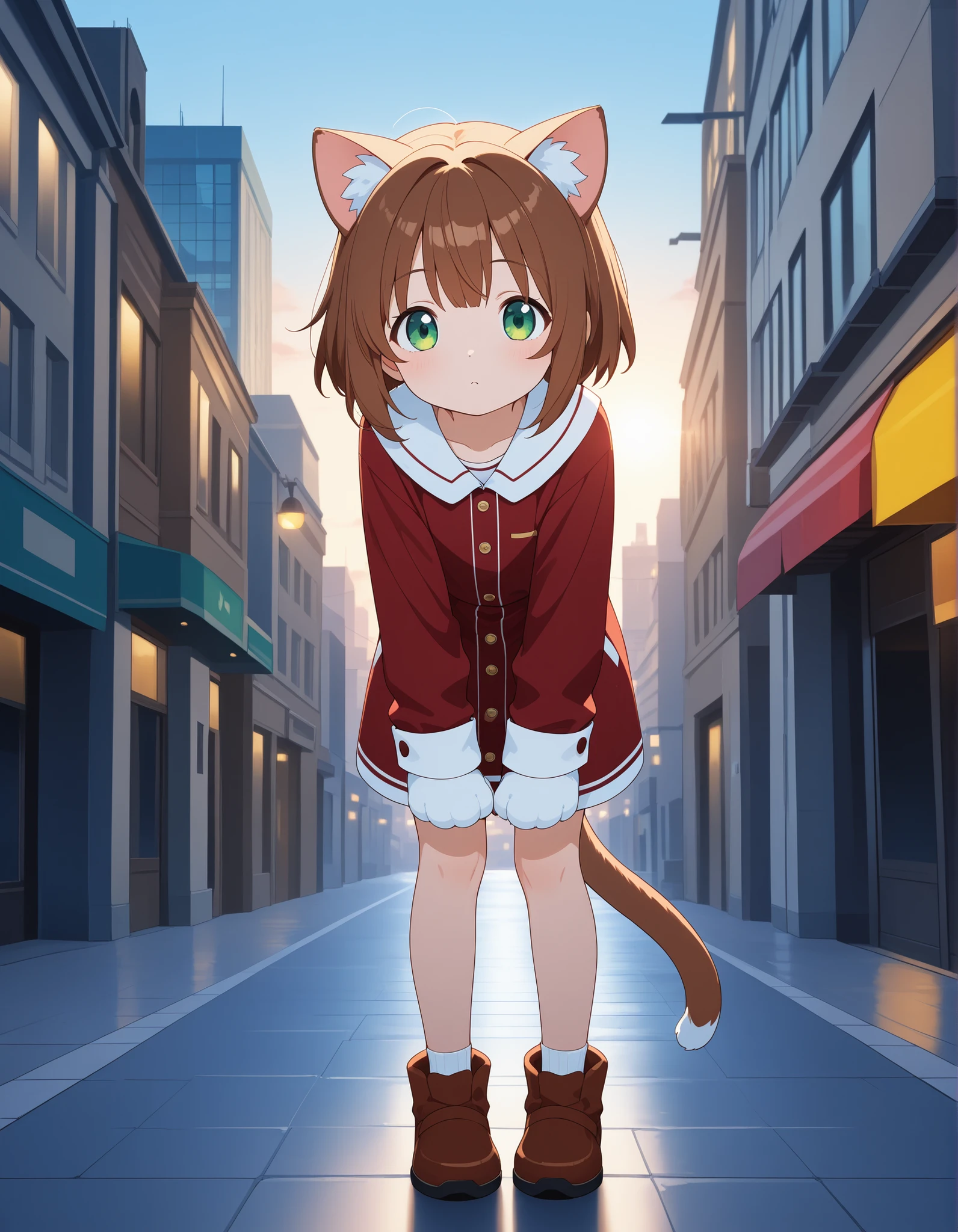 anthropomorphic feline girl, cute cat ears, short brown hair, green eyes, soft lighting, evening city street background, wearing white bandages like a costume, holding her paws forward, anime-style, detailed background, digital art, full body.