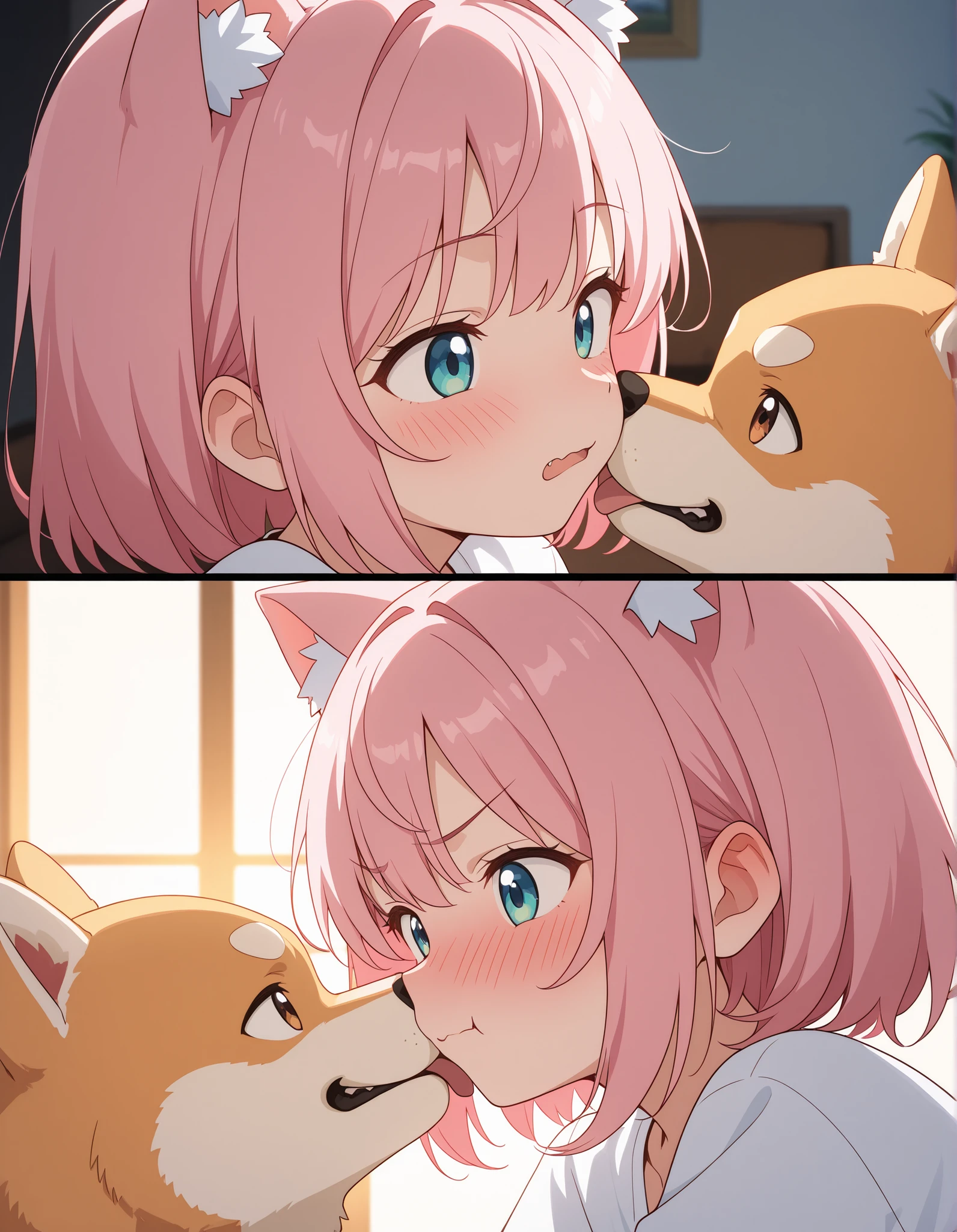 anime style, cute girl with pink hair, cat ears, angry expression, face to face with dog, Shiba Inu, playful rivalry, blushing, indoors, close-up, detailed eyes, expressive emotions, warm lighting, living room background, anime aesthetic, high detail, dynamic composition