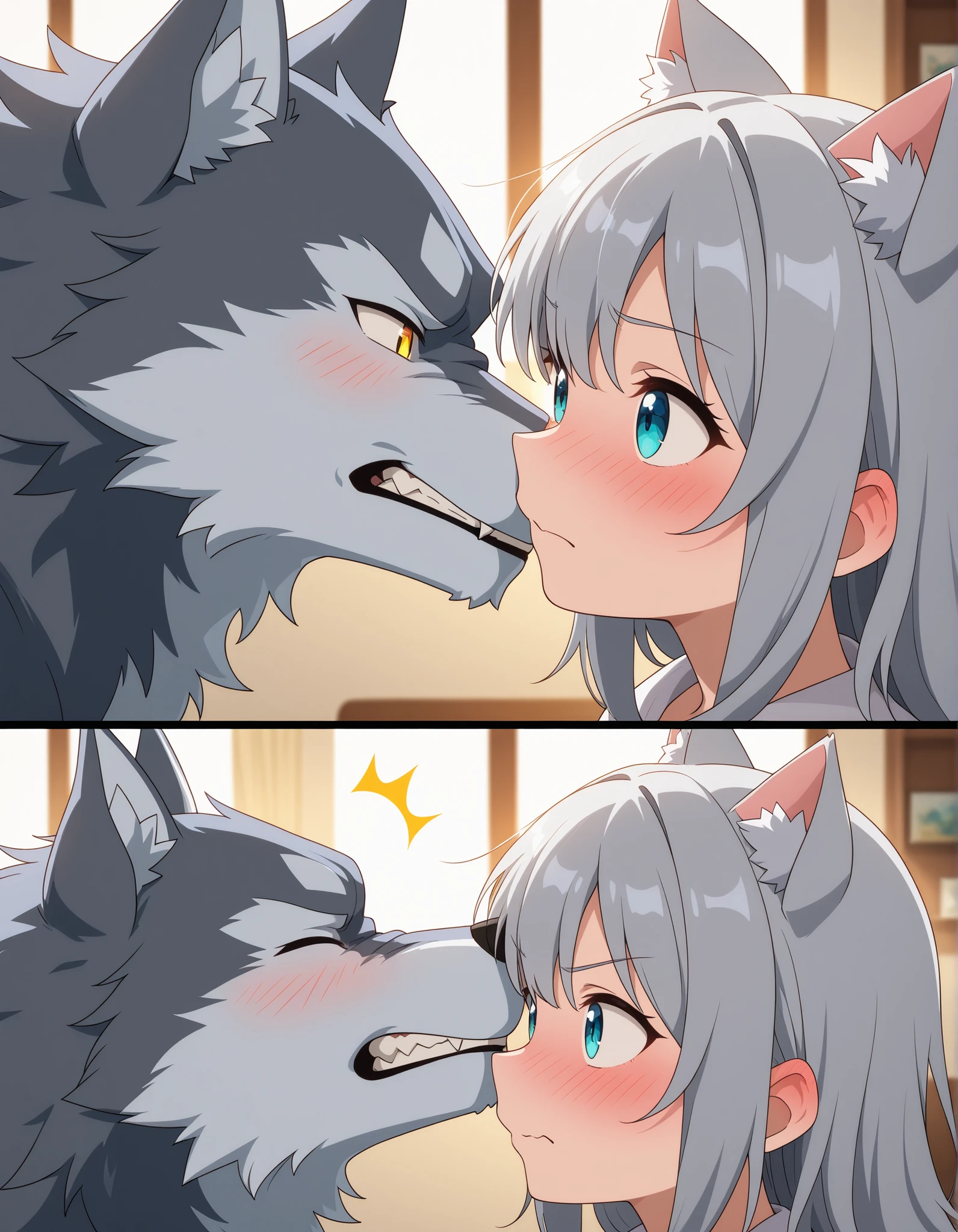 anime style, cute girl with gray hair, cat ears, angry expression, face to face with wolf, wolf, playful rivalry, blushing, indoors, close-up, detailed eyes, expressive emotions, warm lighting, living room background, anime aesthetic, high detail, dynamic composition, anger, growling