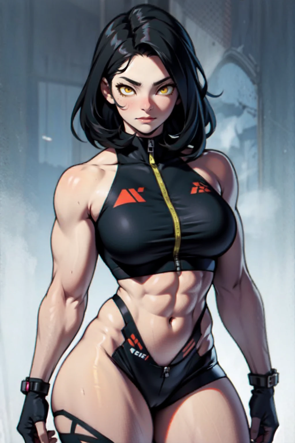 extremely long hair sweaty navel black hair yellow eyes pale skin girl muscular thick muscular thick 