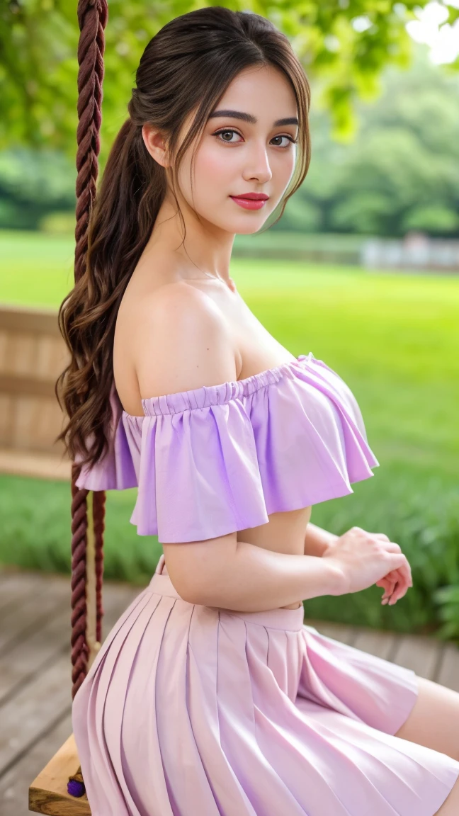 ((masutepiece))、Highest quality、Disorganized、Super detailed、 that lets your skin show through、Holographic、Cowboy Shot、Dynamic pose、Golden Ratio、Super cute girl、Mature Girls、idle girl、Super beautiful Asian girl with very beautiful purple sparkling eyes、Beautiful shiny brown multicolored hair、High Ponytail、Nice and sexy body、Slim body、Perfect body、Super tight uper tight off-the-shoulder short sleeve crop top、Super aesthetic  mini jacket、Beautiful hair decoration、pink jordan tennis、Disco