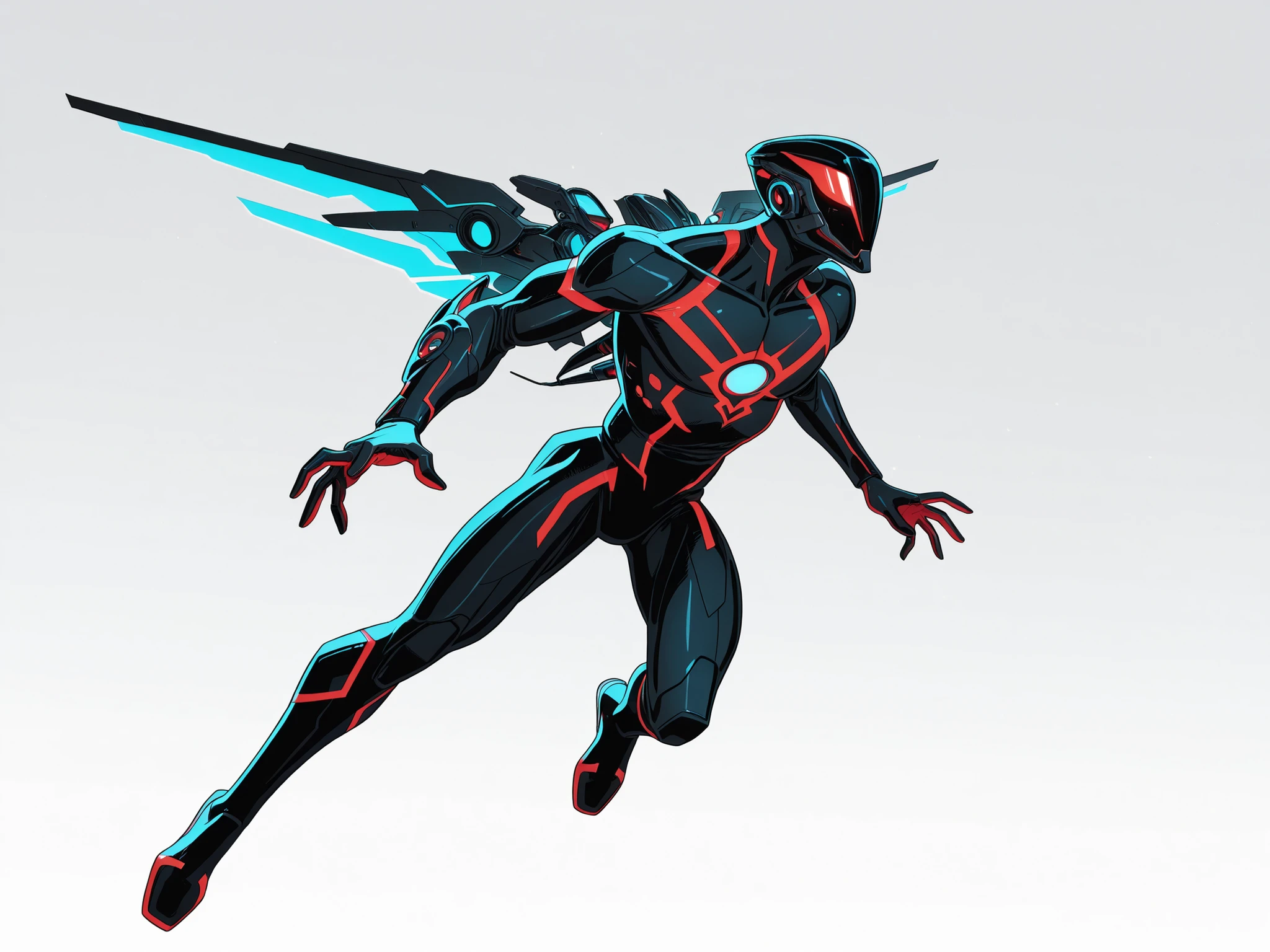 A man wearing a red skinned nanotech sleek design armour and flying, red, lightweight, nanotechnology, blue glowing tiny triangular reactor on chest, high-tech blue helmet , tall athletic male body, holographic high-tech mechanical wings with rocket plasma thrusters at the back, blue plasma stream at the back, good body proportion, 2D cartoon style, cinematic depth, white background, The lighting is cinematic, good lighting, high tech armour, 8K ultra HD, high quality, highly detailed brush texture, cartoon style, front view, dynamic superhero  flying pose, character design, bold black outlines, full body, flat colours, no antenna, no horns, no extended metal plates, 