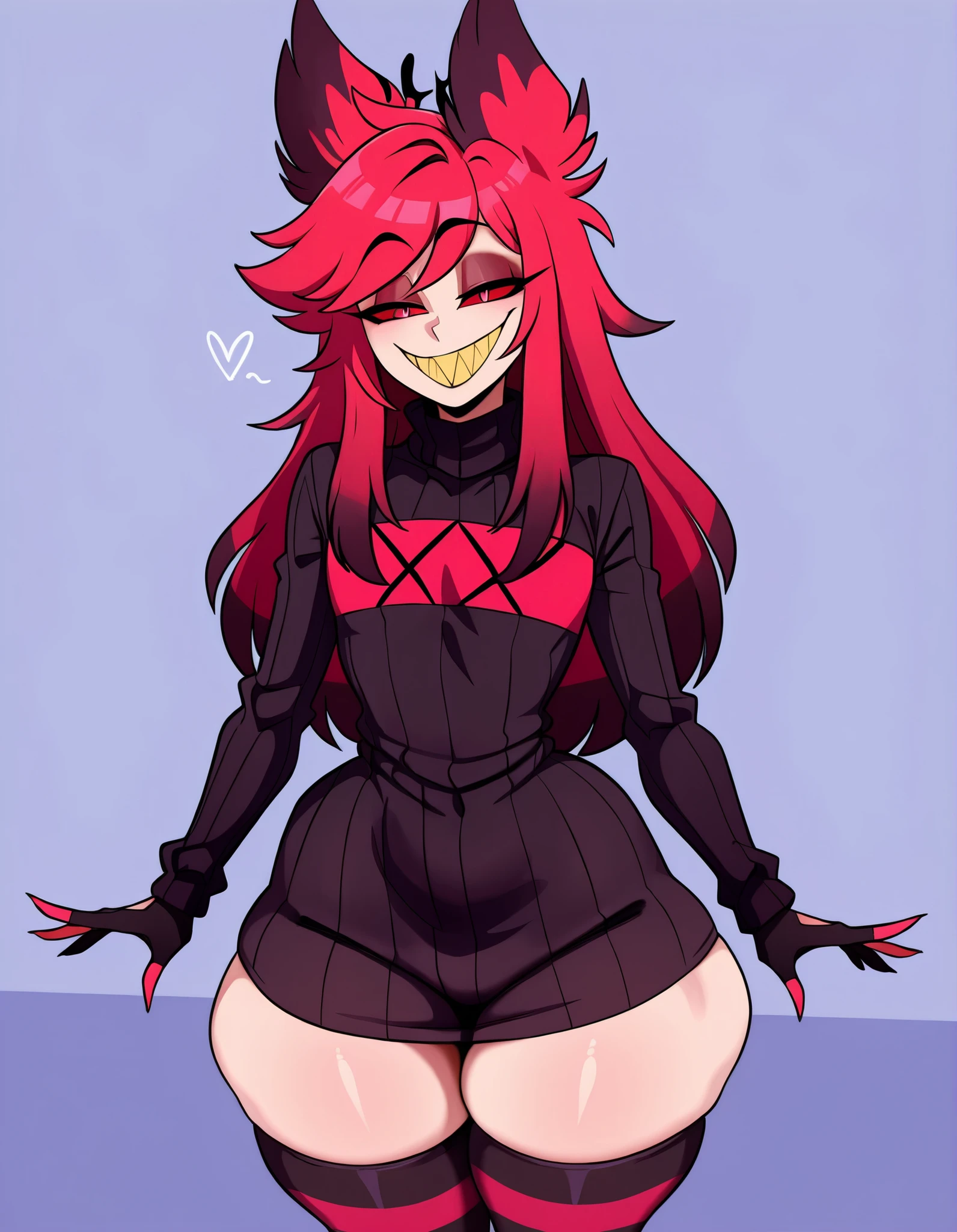 blaash, AlastoriaSDXL, 1 boy, femboy, long hair, loose turtleneck sweater, black sweater dress, red lines on sweater, gloves, thigh-highs socks, animal ears, red sclera, red hair, striped, black pupils, red eyes, black lips, sharp teeth, yellow teeth, flat chest, half-closed eyes, smile, feminine body, thick thighs, feminine hips, thin waist, very feminine body