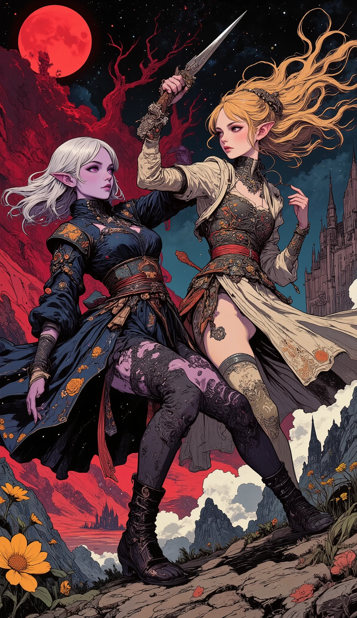 (Woodblock print style, Japanese ukiyo-e style, fantastical illustrations, Gothic horror style) BREAK
(Two elven women—a dark elf and a sun elf—engage in a deadly battle. In the dead of night, beneath a crimson sky where a black moon rises, against a backdrop of countless stars shining in the night sky and a fairy-tale castle towering atop a rugged cliff, a young dark elf woman and a sun elf twist their bodies, one hand grasping an exploration tool, the other a magic orb, each preparing to strike the other with sharp thrusts and spells.) BREAK
(The dark elf woman has white hair, white eyebrows, almond-shaped eyes with lavender irises, thick eyeliner, a small mouth with pink lips, deep purple skin, and a captivating smile that makes her eyes narrow.) BREAK
(The dark elf woman's attire consists of a black lace dress with rose embroidery, fastened with a wide blue beaded sash, and sandals woven with red cords.) BREAK
(The Sun Elf woman has blonde hair, blonde eyebrows, almond-shaped eyes with green irises, thin eyeliner, a small mouth with pink lips, translucent ivory skin, and an expression filled with faith like a holy warrior.) BREAK
(The Sun Elf woman's attire consists of a Spanish noble-style court dress featuring a silver breastplate, a sash embroidered with yellow mimosa flowers wrapped around her waist, and soft leather short boots.)