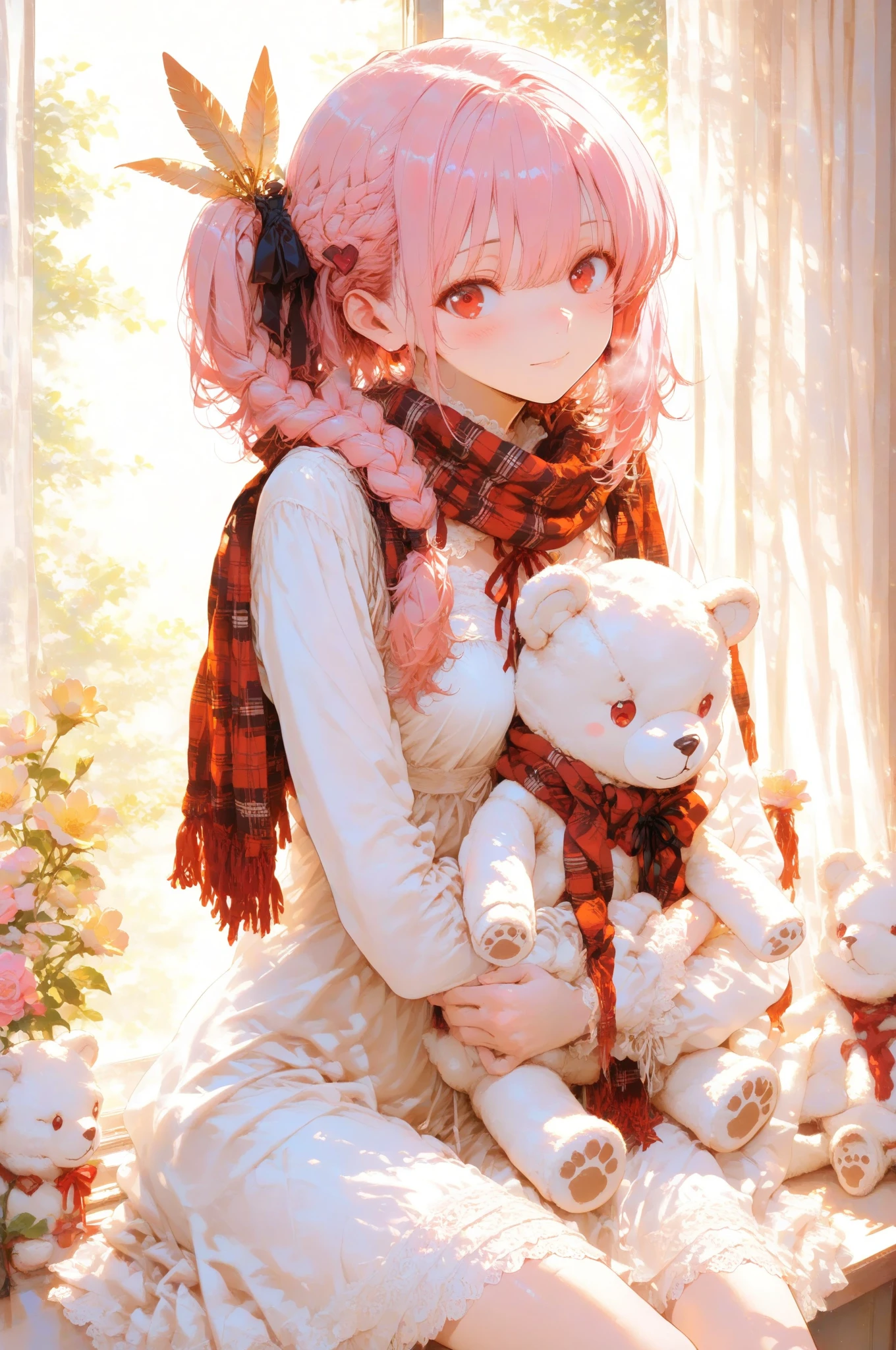 pink hair,  Braided Hair,Sophisticated Nanyan,Gentle red eyes, smooth and soft skin,  red plaid scarf , Background,(masterpiece, Highest Quality:1.2),  cute white teddy bear,anime style, cinematic lighting, autumn sunset, pink-haired girl “Iroha” with soft wavy shoulder-length hair tied with a black ribbon, gentle red eyes, wearing a white cloak and black inner dress, holding a white teddy bear “Yuri” with red ribbon around its neck and small button eyes. She stands on a rocky cliff above a glowing golden valley, holding a ceremonial silver sword reflecting sunset light. maple leaves fluttering, soft wind, atmosphere of melancholy and hope, painterly style, high detail, warm golden tone.