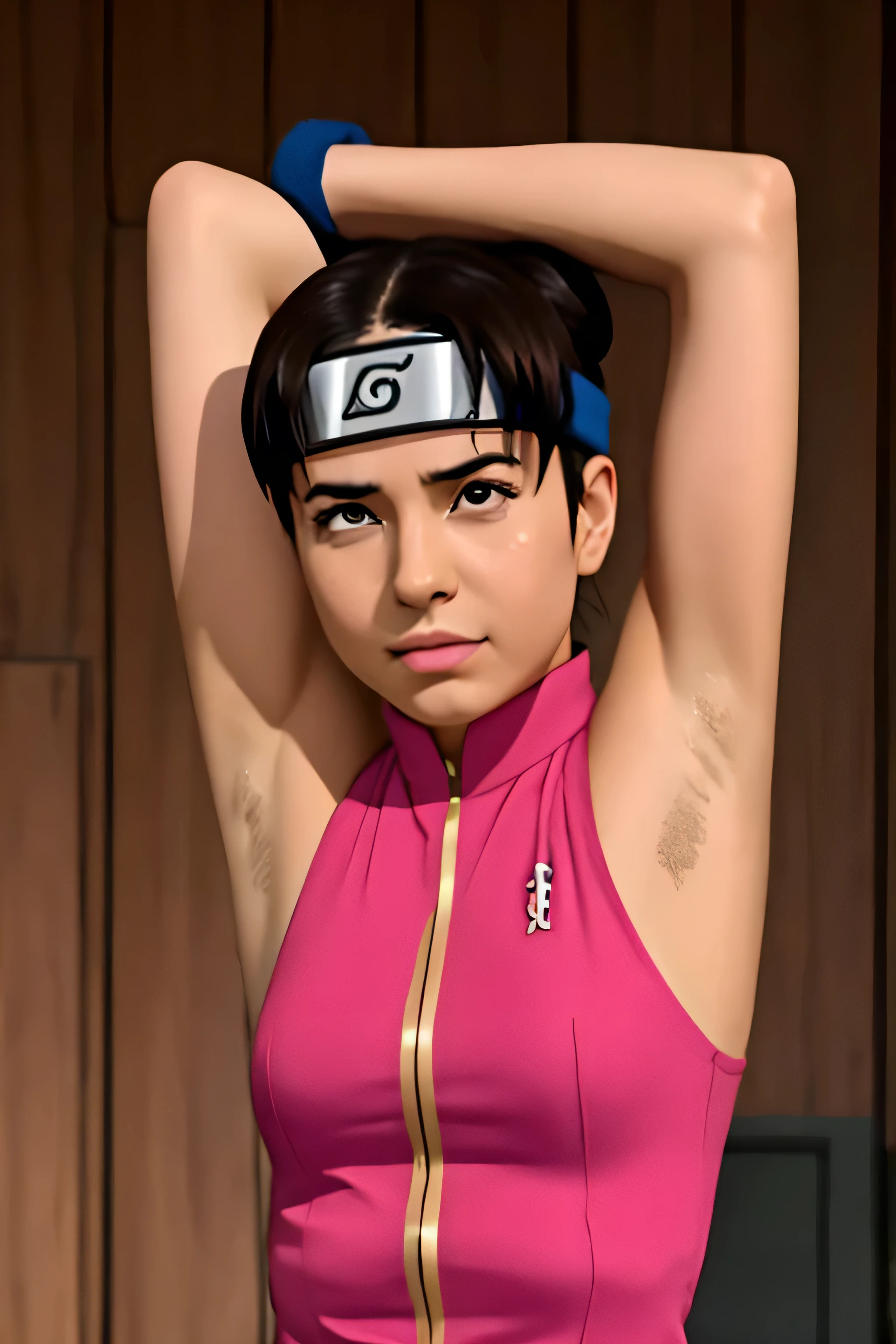 Tenten,human woman with fair skin and slight tan.with brown eyes and pink clothing. Her hair is long and brown in color; She is beautiful. Fair skin.Tsundere face. Pink eye shading,mature appearance,armpits,sweat,sweaty,sweaty armpits,arms up,showing armpits,awesome armpits,outfit,blackish red arm warmers,maroon arm bands,pink arm warmers,tongue, wearing black gloves
