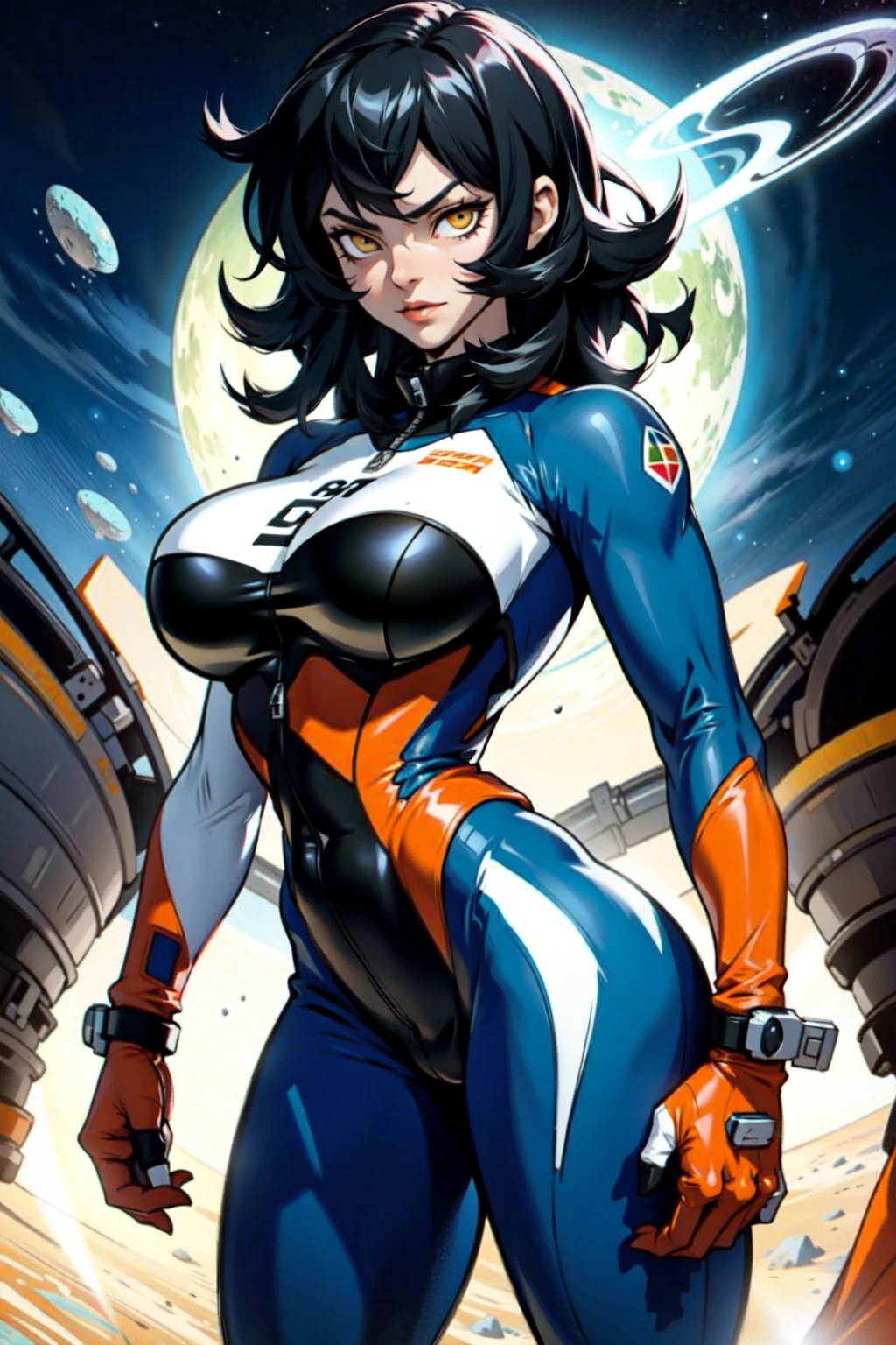 ((girl muscular thick)) pale skin black hair ultra detailed eyes huge large breasts toned body embarrassed blush very long hair  suit yellow eyes hair flaps cleavage