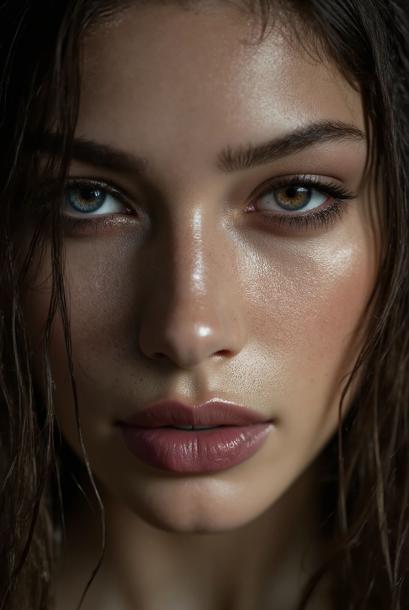 A hyper-realistic photographic portrait of a stunning beautiful woman with one blue eye and one golden eye she's wearing natural style makeup with pink lips which are in a slight smile. Detailed eyes, realistic textures, separated strands of hair, interesting lighting, raw photography, professional color grading, mysterious