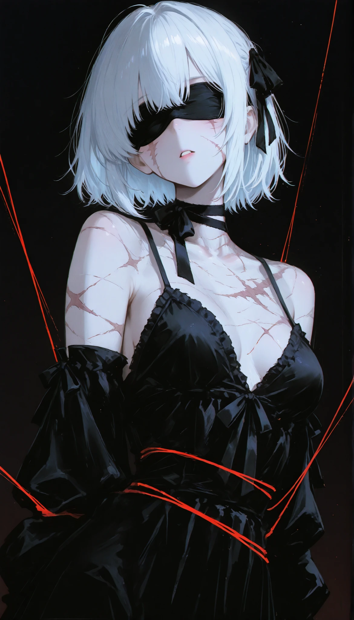 (masterpiece),best quality,high resolution,absurdres, 8k wallpaper, 1girl, solo, breasts, white hair, short hair, black dress, (blindfold: 1.0, black ribbon choker: 1.3, glowing red strings over body: 1.2, scars on body), dark background, chromatic aberration, ambient lighting, ethereal, (film grain:1.5), marionette pose
