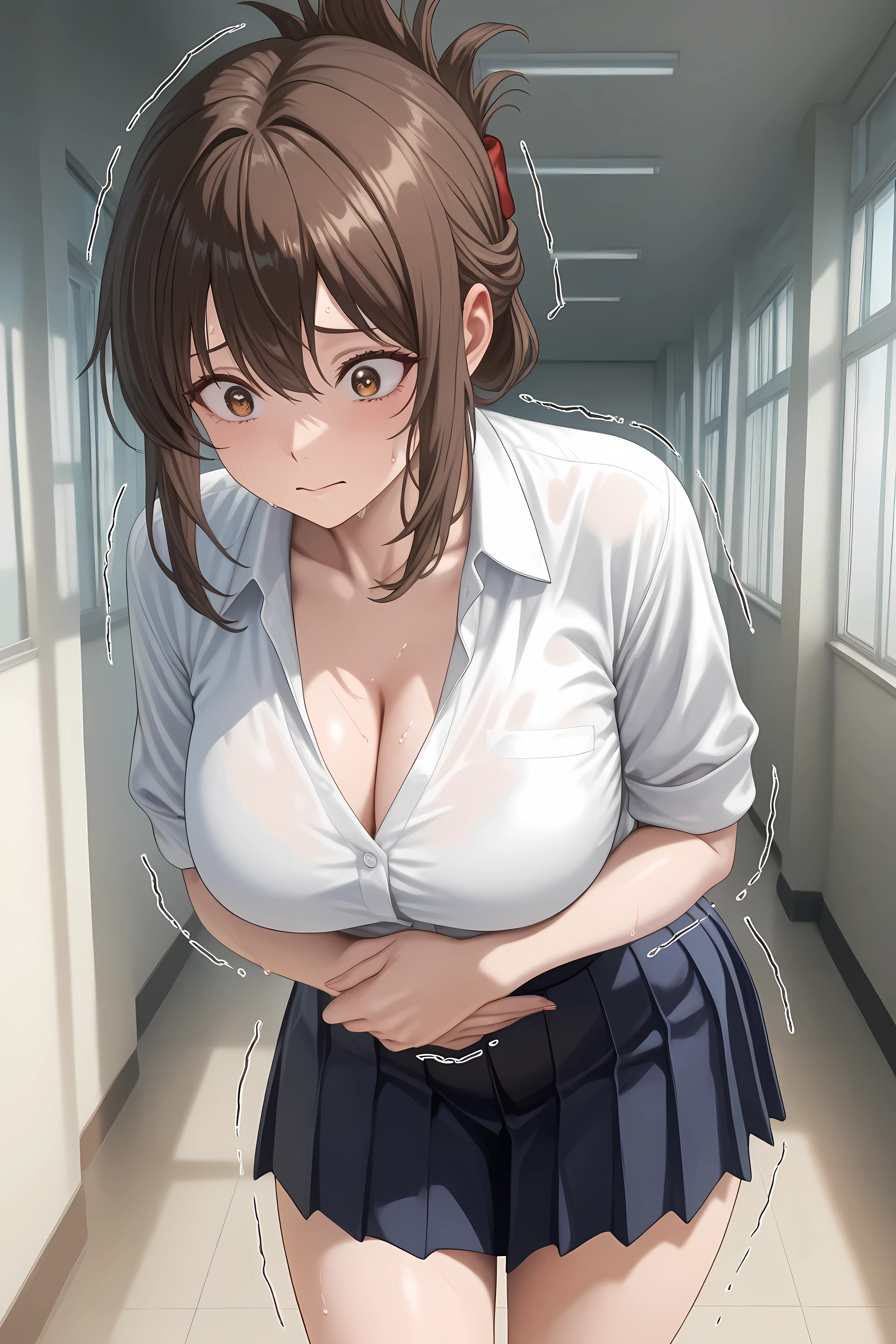 <lora:kana-kojima-s1-ponyxl-lora-nochekaiser:1>, kana kojima, brown hair, brown eyes, folded ponytail, large breasts,,shirt, cleavage, white shirt, skirt,,
cowboy shot,
Solo, general, masterpiece, highres, ultra-detailed, hyper-detailed, best quality, amazing quality, very aesthetic, best hands, best eyes, best hand,
Beautiful skin, top quality, High quality images, anatomically accurate , textured skin, Very Delicate 、
adult woman, 1woman, both hand clutching on own stomach, sweat, leaning forward, nervous, scared, trembling legs, school hallway,