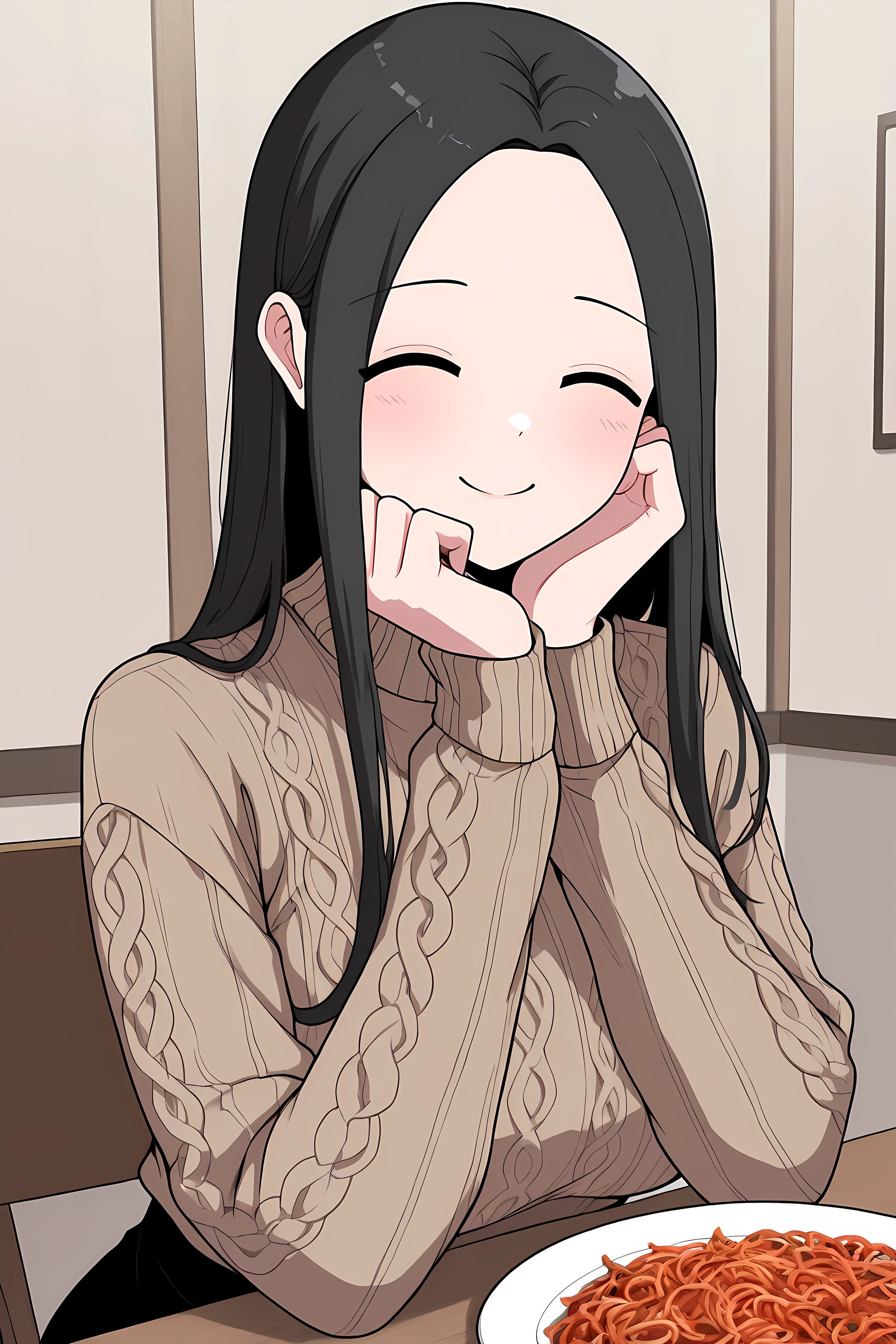 yoo jae-kyung, long hair, large breasts, black hair, closed eyes, forehead, brown knitted cute sweater, black skirt, having dinner, happy face,
Solo, general, masterpiece, highres, ultra-detailed, hyper-detailed, best quality, amazing quality, very aesthetic, best hands, best eyes, best hand
adult woman, 1woman, in restaurant, a platter full of chili oyster, delicious looking,