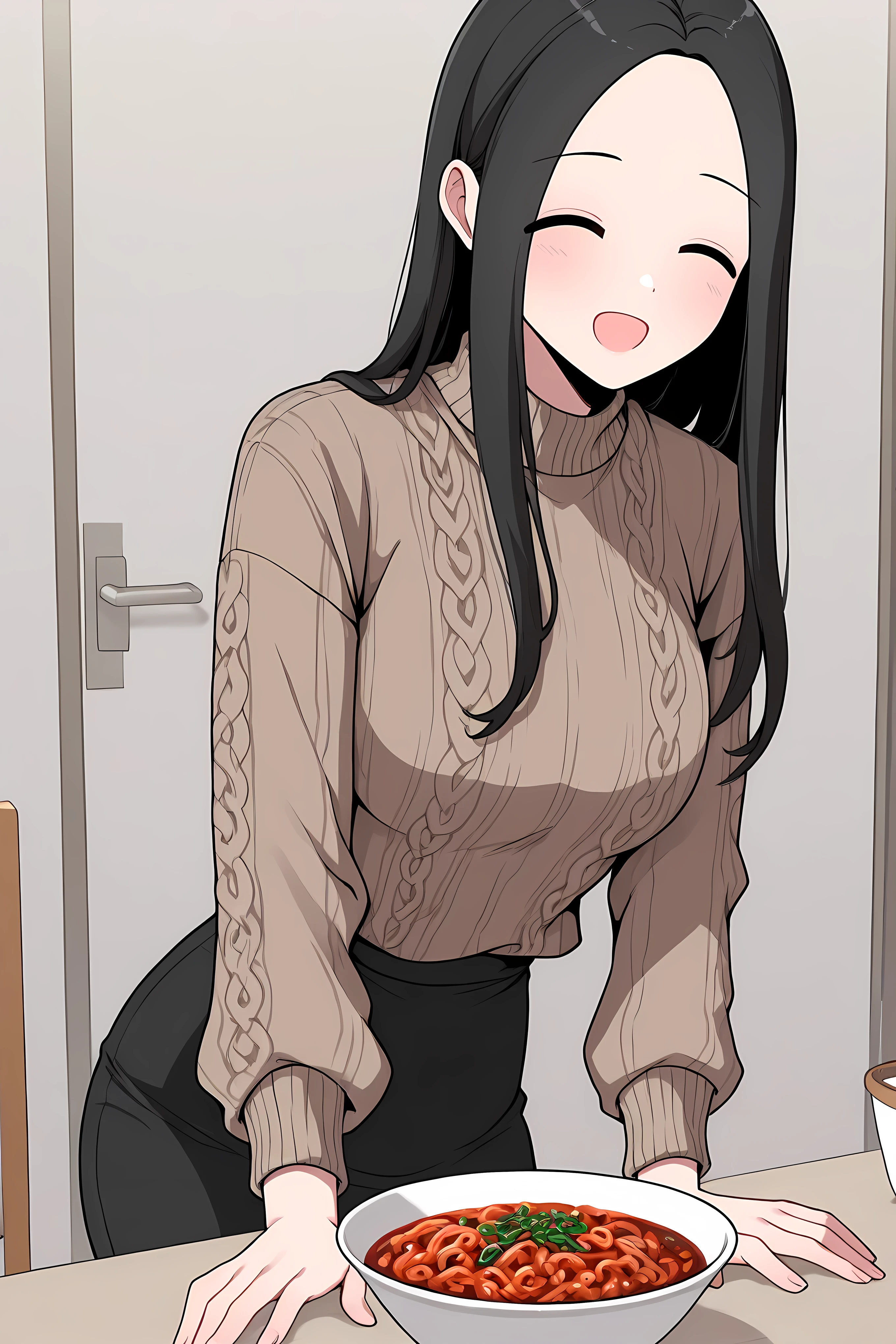 yoo jae-kyung, long hair, large breasts, black hair, closed eyes, forehead, brown knitted cute sweater, black skirt, having dinner, happy face,
Solo, general, masterpiece, highres, ultra-detailed, hyper-detailed, best quality, amazing quality, very aesthetic, best hands, best eyes, best hand
adult woman, 1woman, in restaurant, a bowl of red spicy mafu tofu,