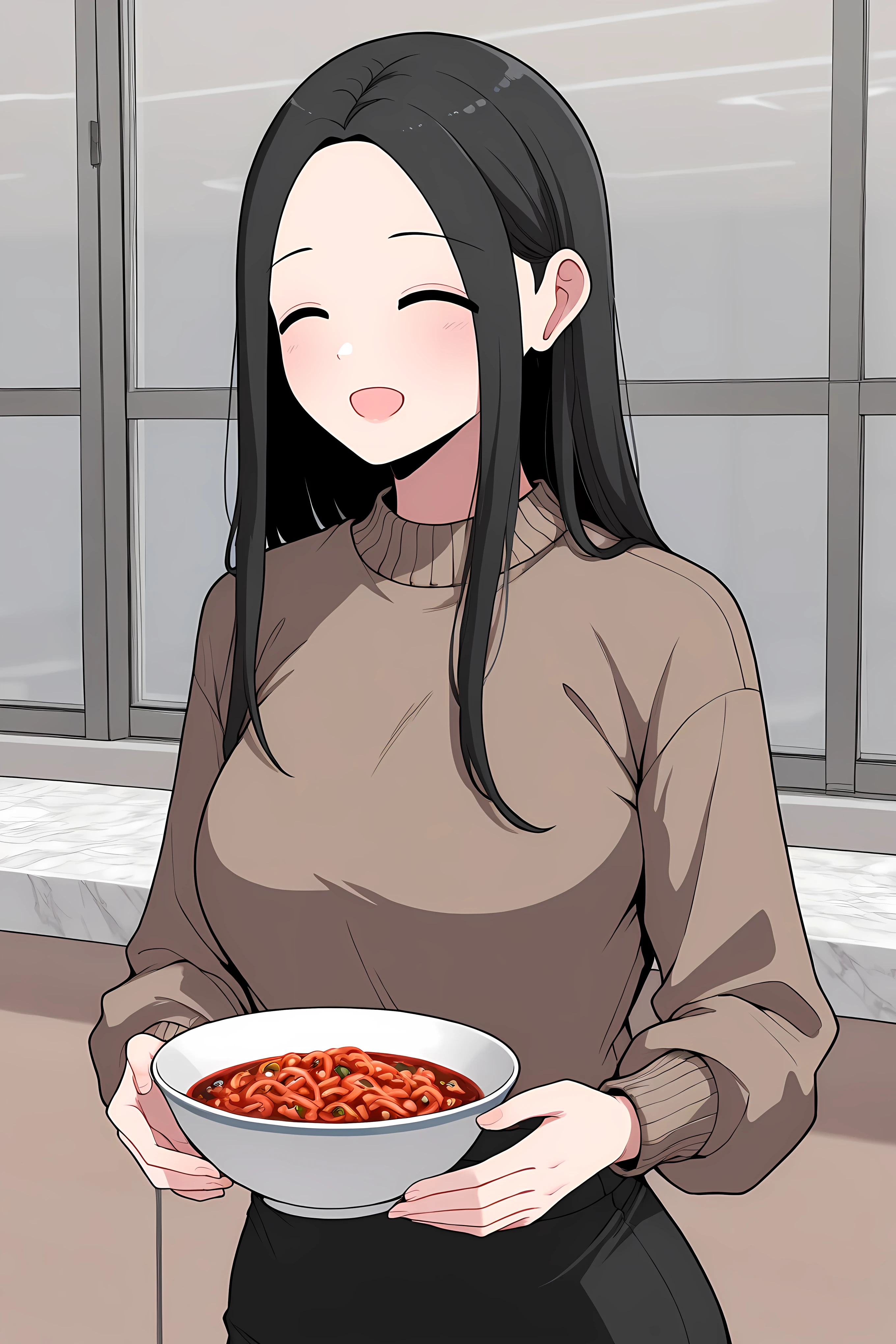 yoo jae-kyung, long hair, large breasts, black hair, closed eyes, forehead, brown knitted cute sweater, black skirt, having dinner, happy face,
Solo, general, masterpiece, highres, ultra-detailed, hyper-detailed, best quality, amazing quality, very aesthetic, best hands, best eyes, best hand
adult woman, 1woman, in restaurant, a bowl of red spicy mafu tofu,