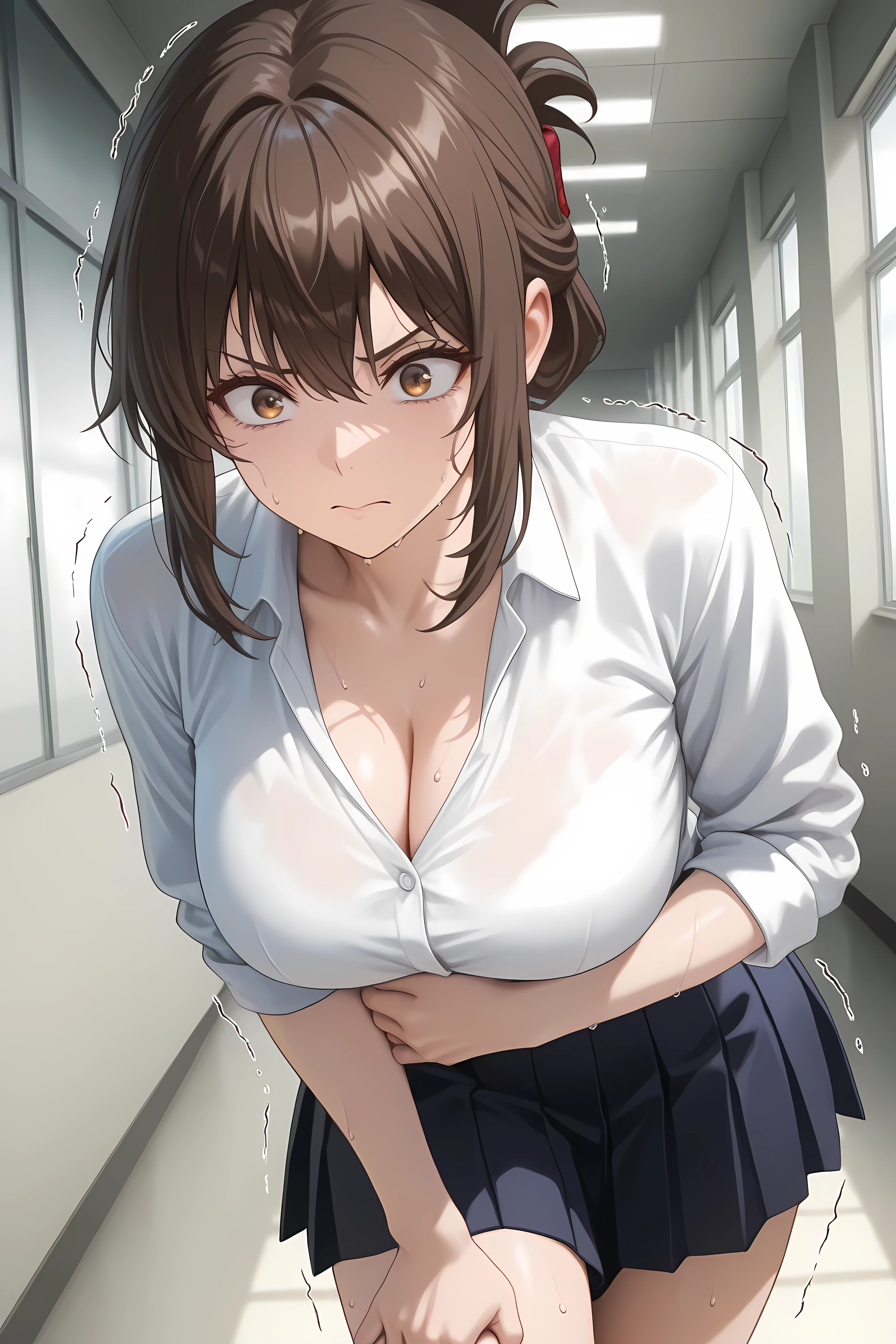 <lora:kana-kojima-s1-ponyxl-lora-nochekaiser:1>, kana kojima, brown hair, brown eyes, folded ponytail, large breasts,,shirt, cleavage, white shirt, skirt, serious face,
cowboy shot,
Solo, general, masterpiece, highres, ultra-detailed, hyper-detailed, best quality, amazing quality, very aesthetic, best hands, best eyes, best hand,
Beautiful skin, top quality, High quality images, anatomically accurate , textured skin, Very Delicate 、
adult woman, 1woman, both hand clutching on own stomach, sweat, leaning forward, nervous, scared, trembling legs, school hallway,