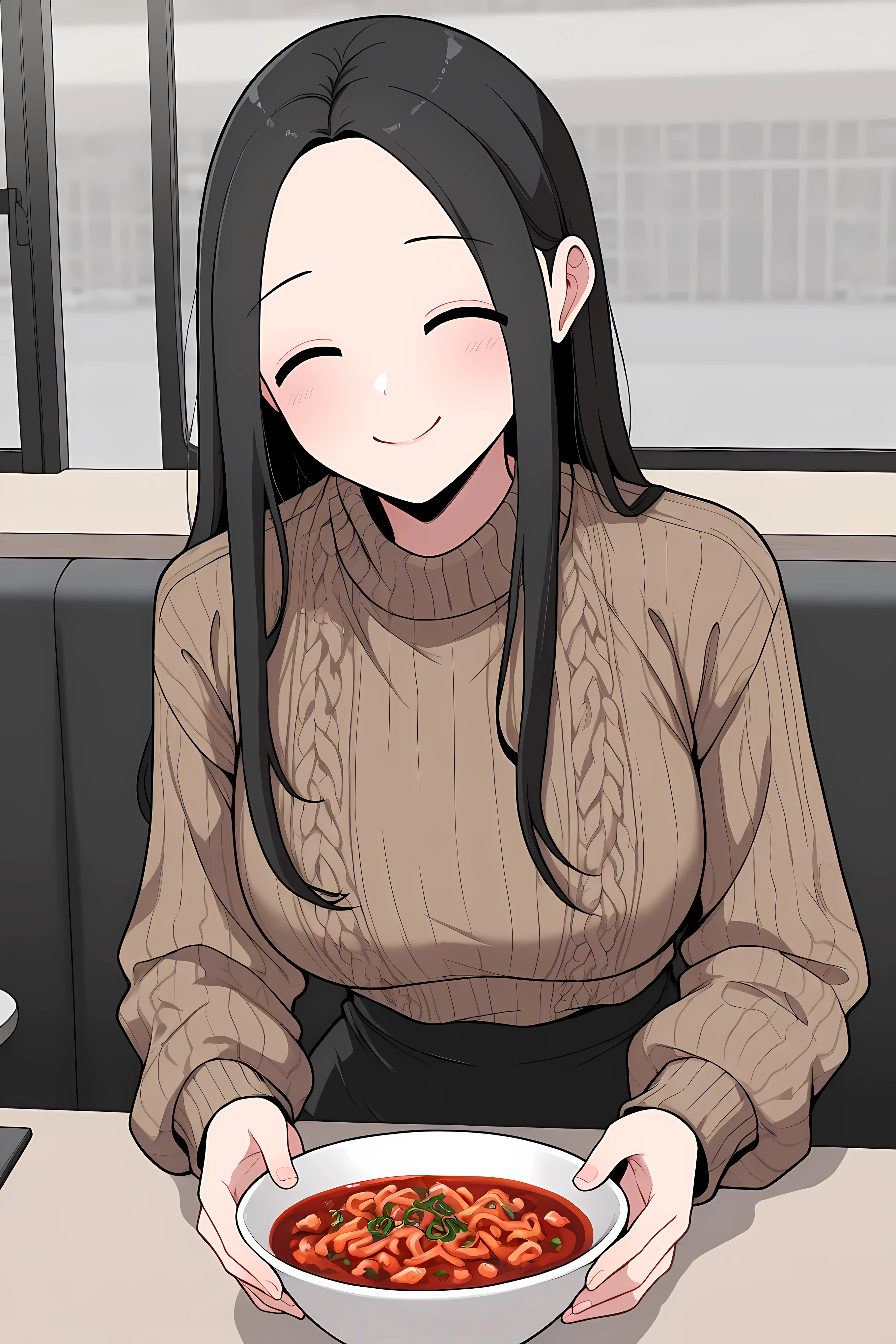 yoo jae-kyung, long hair, large breasts, black hair, closed eyes, forehead, brown knitted cute sweater, black skirt, having dinner, happy face,
Solo, general, masterpiece, highres, ultra-detailed, hyper-detailed, best quality, amazing quality, very aesthetic, best hands, best eyes, best hand
adult woman, 1woman, in restaurant, a bowl of red spicy mafu tofu,