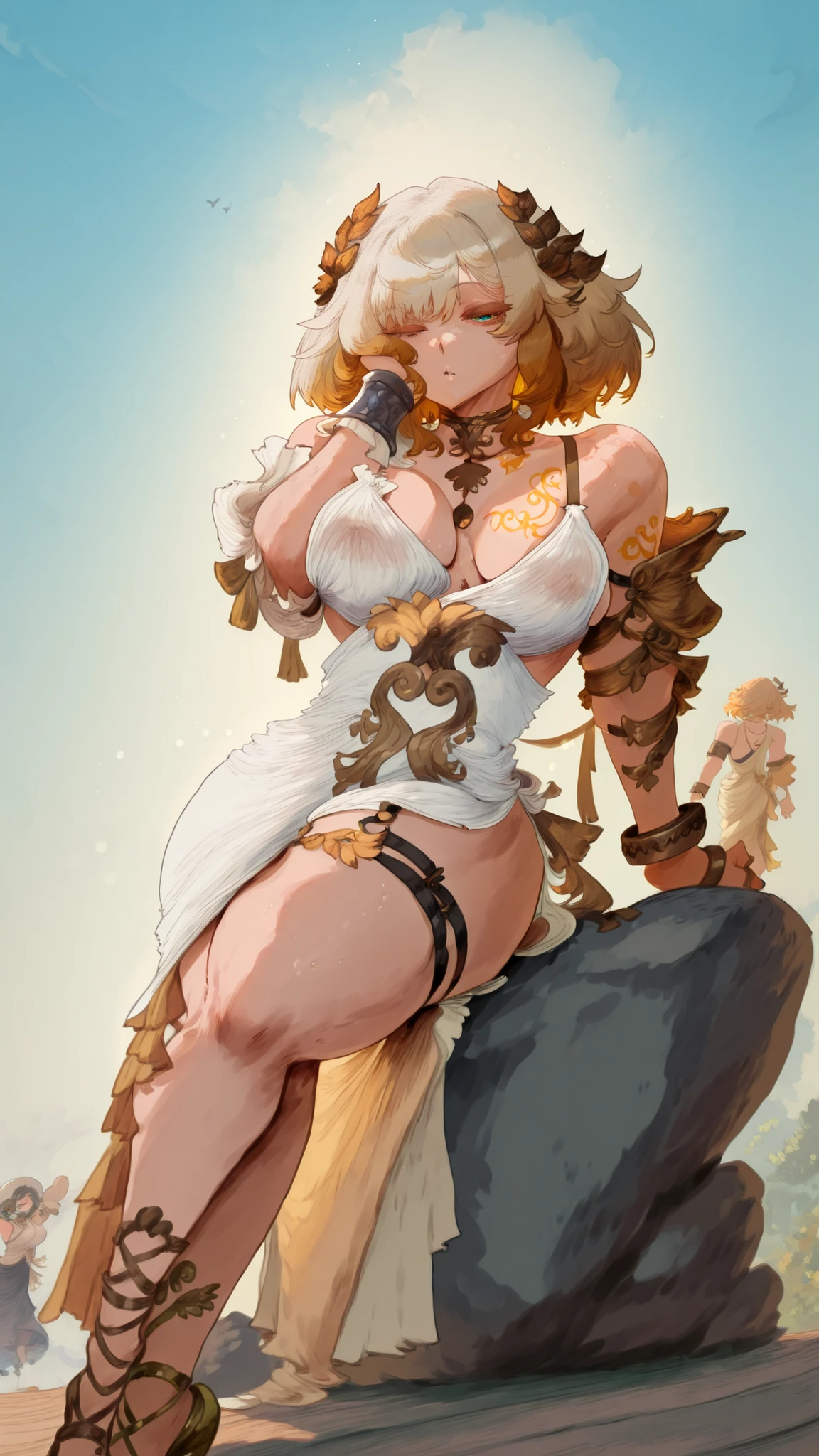 arafed woman sitting on a wooden deck, in the sun, nice view, great view, on a rock, low view, 🐎🍑, on top of it, mia kischner, on a sunny day, perfect shape, intense sunlightaglaea, laurel crown, necklace, chest tattoo, detached sleeves,toga, bracelet, thigh strap, high heels  //// , nyantcha, , khyle, cutesexyrobutts, omone hokoma agm \\\\\ sxy5tyle   solo focus 