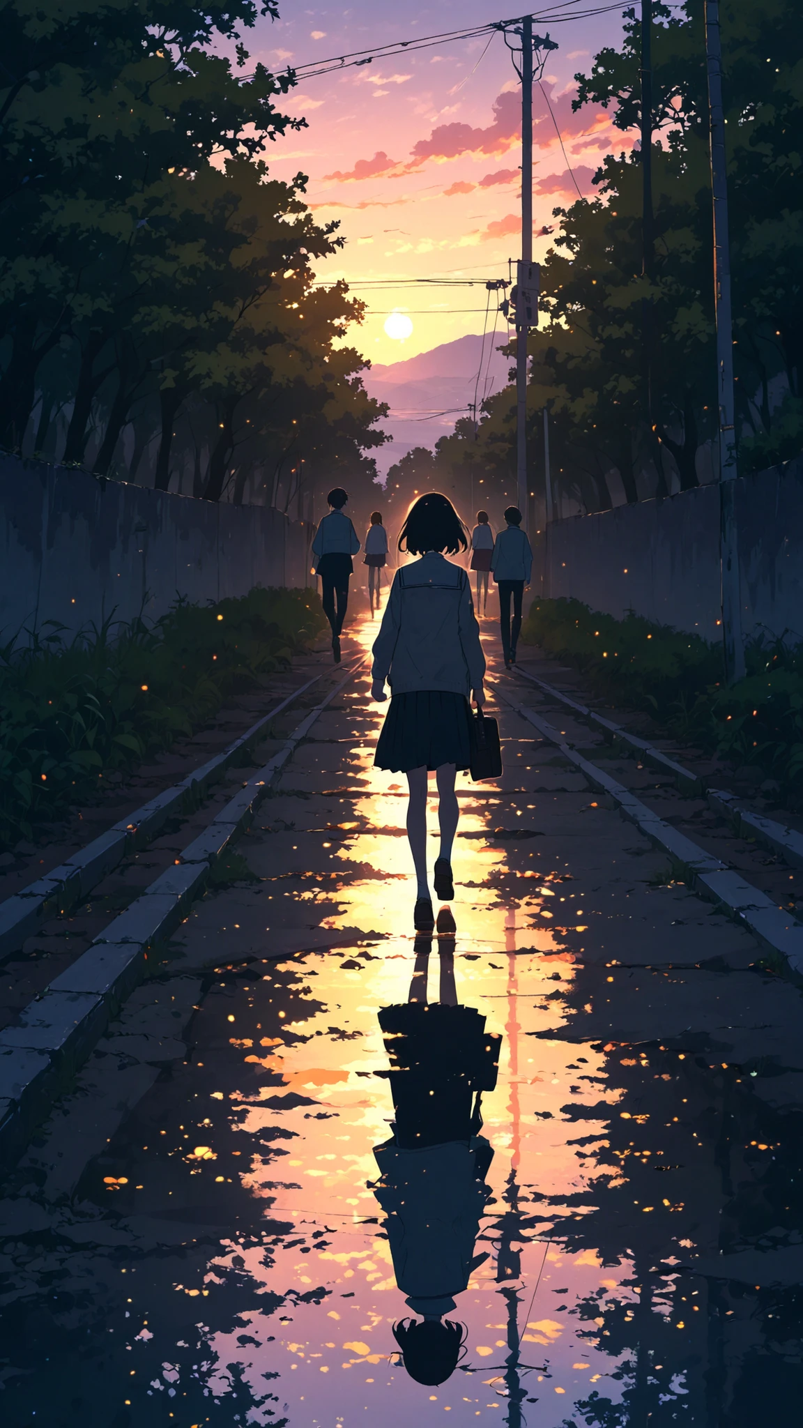 Highest quality, highest image resolution, high-density detailed rendering, overwhelming realism. Digital art, 4K, UHDR. Japanese high school girls walking home from school while happily chatting with their friends. Natural light at dusk.