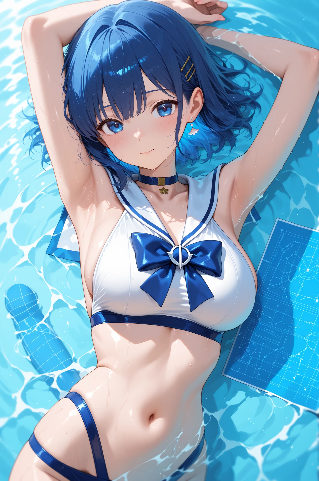 masterpiece, best quality, ultra detailed, ((Rem,Re:zero,blue hair,short hair)),beautiful face,(???????????),(school uniform, sailor suit)),cowboy shot, おbelly button,beautiful girl,
(sailor suitの襟付き (red) big ribbon), (sleeveless, No sleeve))
(clavicle), (???? shoulders, ???? arms)), ((belly button, ????? belly））、
(pleated mini skirt), (Intercrural legs).
(white socks), (loafers),
