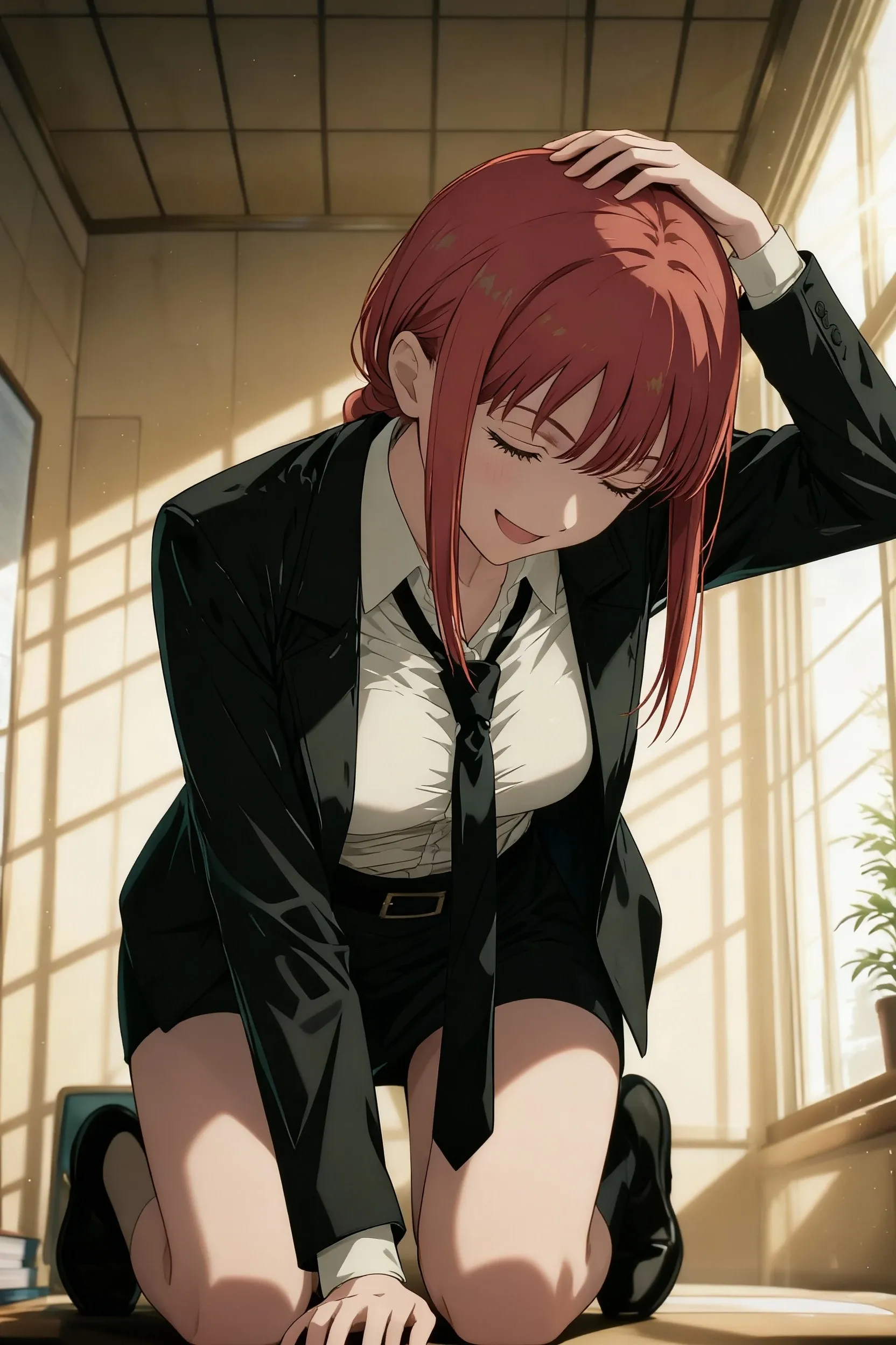 1 Girl、smile、Chainsaw Man Anime Style、Redhead、bangs、ponytail、Shining Eyes、hand from chainsawman、View your audience、Dark Background、Both of us、Golden Eyes、hand/(Chainsaw Man/)、8K、 ((masterpiece))、(((Highest quality)))、 ((Very detailed))、Solo Focus、Sitting at a desk、 Office Lady、pantyhose、 No shoes、foot、Foot Focus、Medium breast、Fishnet、Highlighting fine texture、Sole、Feet on the desk、Five Fingers、 (Feet Focus、From below、Five Fingers:1.3、Detailed feet、only)、Fishnet、front