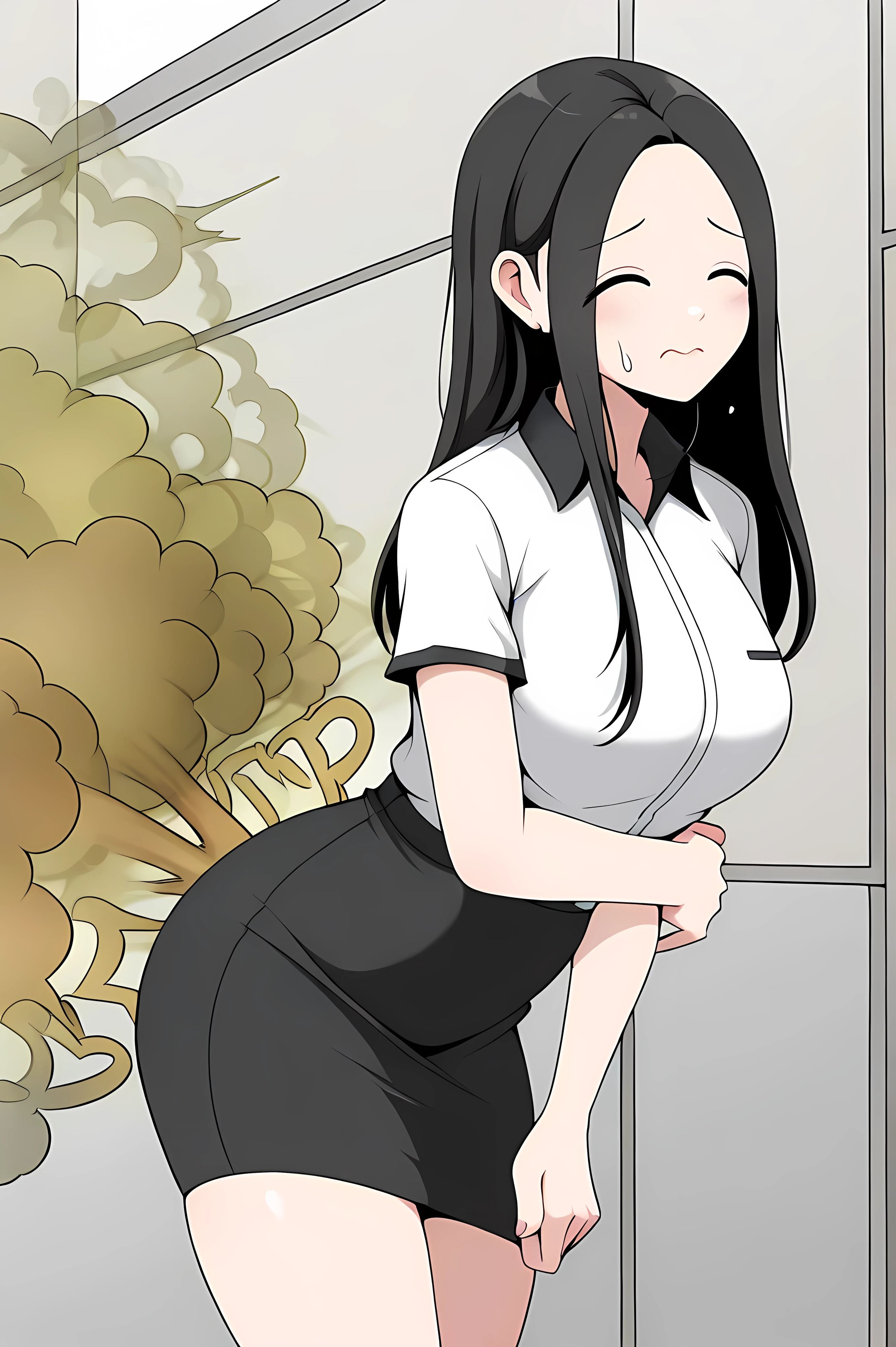yoo jae-kyung, long hair, large breasts, black hair, closed eyes, forehead,,skirt, shirt, white shirt, short sleeves, collared shirt, black skirt, pencil skirt, office lady, cowboy shot,
Solo, general, masterpiece, highres, ultra-detailed, hyper-detailed, best quality, amazing quality, very aesthetic, best hands, best eyes, best hand
adult woman, 1woman, hand clutching own stomach, sweat, leaning forward, nervous, scared, school hallway, (Fart:2) , ( (yellow gas:2), fart near ass only,