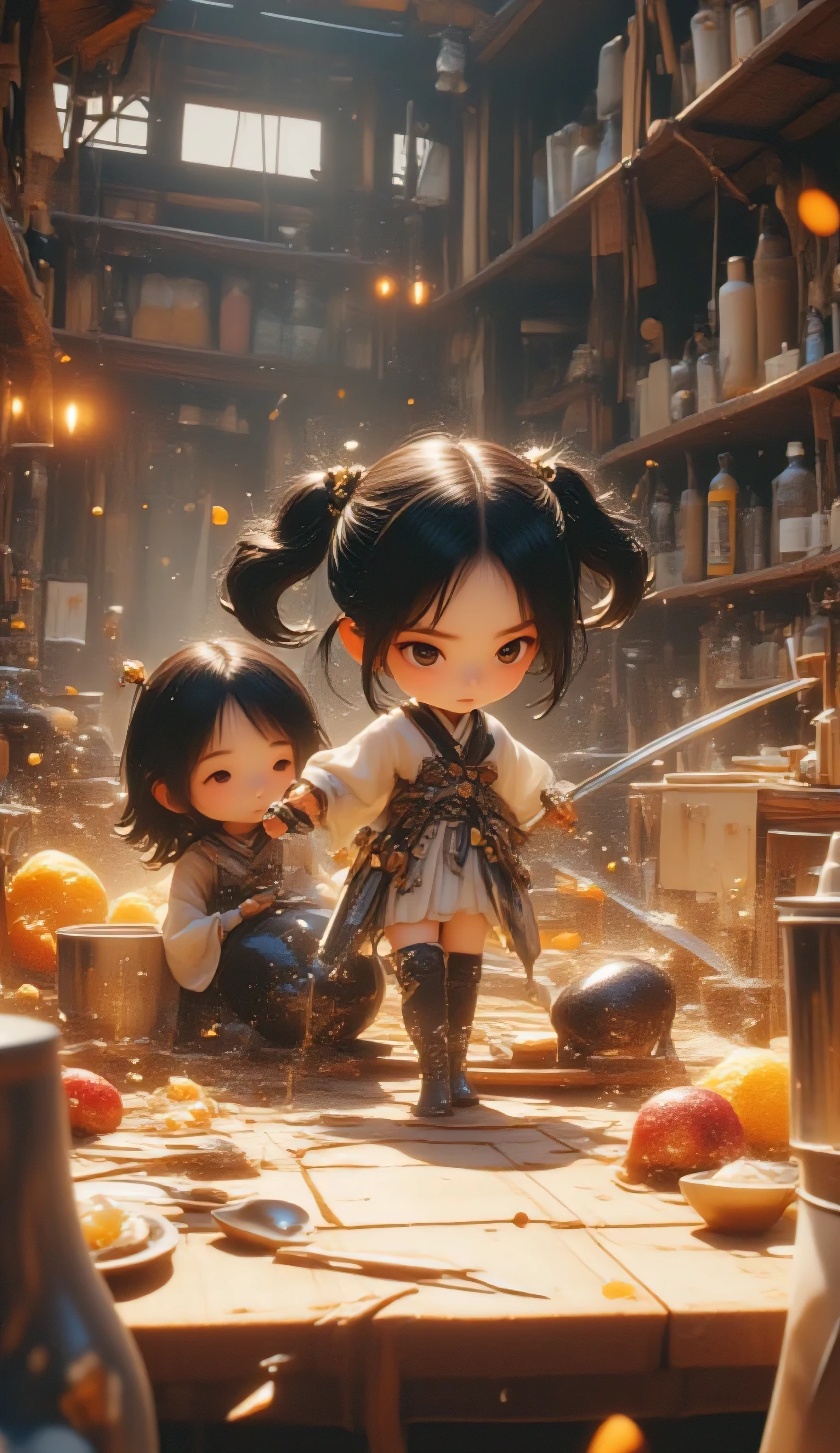 jiyeon_oc, A semi-realistic fantasy action scene featuring a tiny black-haired girl warrior with two short pigtails, no helmet, holding a small cute sword. She stands on a massive wooden kitchen table, Chibi girl. surrounded by oversized magical food items and utensils like a giant mug, spoon, chopsticks, and fork. She is in mid-battle against a huge cockroach, one foot stomping it down, her expression fierce and determined. Her boyfriend, also miniaturized, hides behind a large mug, trembling with fear, having dropped his old wooden sword and shield. The table is cluttered with magical food debris flying in the air. In the background, beyond the table, a blurry view of an old witch’s hut interior is visible, with crooked shelves, dusty bottles, and dim candlelight. The scene is rendered in a semi-realistic.
Fantastic battle action scene with tiny fragments of food splashing, magic particles shining and flying in the air.
Dynamic screen composition, Dutch angle, Camera is positioned close to the girl, using a portrait lens over 50mm to emphasize her presence. Depth of field blurs the background elements, keeping the focus on her. The composition combines a hero shot and close-up framing to highlight her fierce expression and dynamic pose.
**Camera focuses on the tiny girl warrior as the central subject, emphasizing her fierce pose and expression.**
Exaggerated chibi proportions with a noticeably oversized head, semi-realistic texture and lighting.