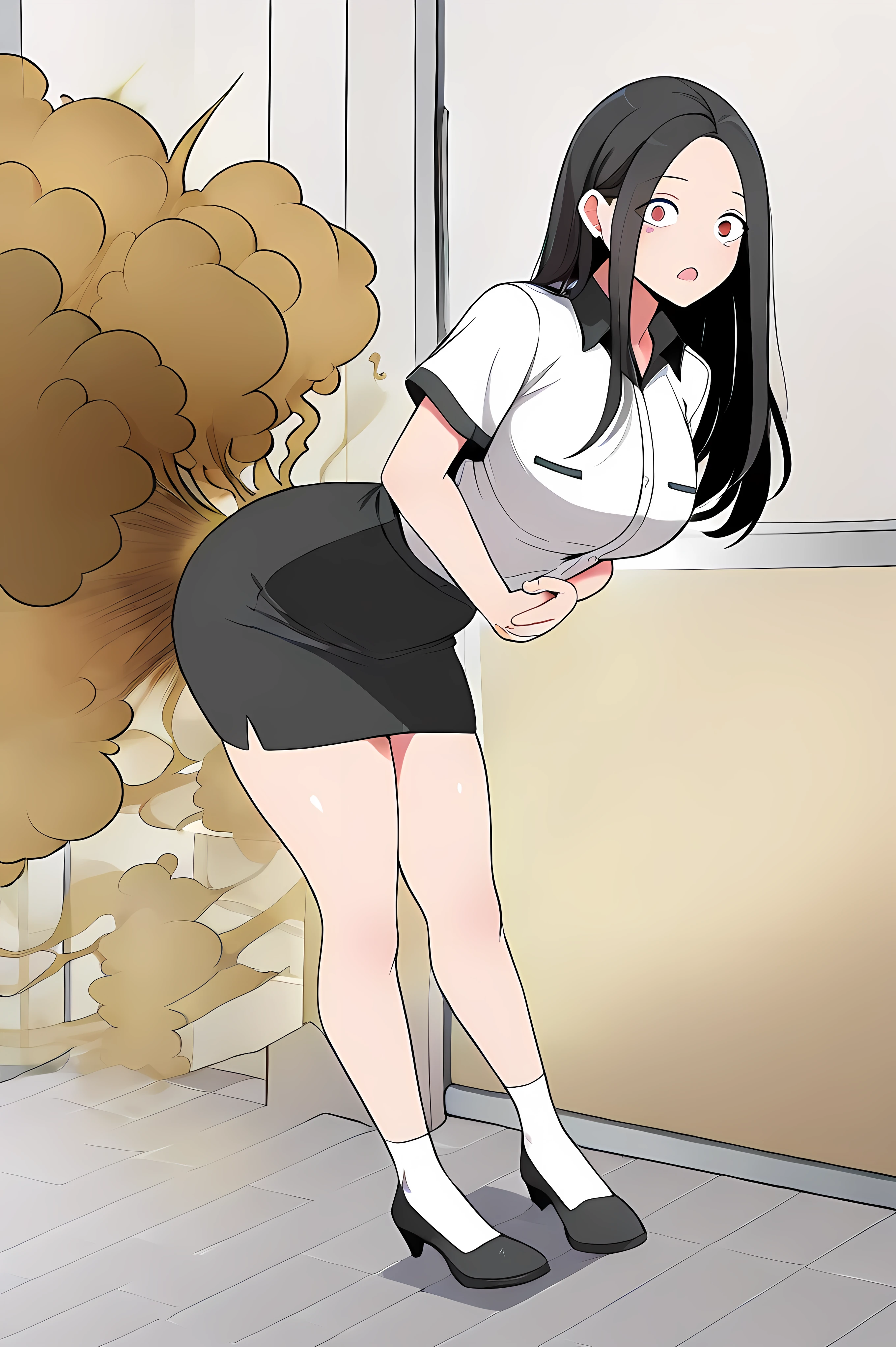 yoo jae-kyung, long hair, large breasts, black hair, red eyes, forehead,,,skirt, shirt, white shirt, short sleeves, collared shirt, black skirt, pencil skirt, office lady, white socks, black footwear, full body, surprised face,


Solo, general, masterpiece, highres, ultra-detailed, hyper-detailed, best quality,  amazing quality, very aesthetic, best hands, best eyes, best hand
adult woman, 1woman, hand clutching own stomach, sweat,  leaning forward, nervous, scared,  school hallway, (Fart:2) , ( (yellow gas:2), fart near ass only, 