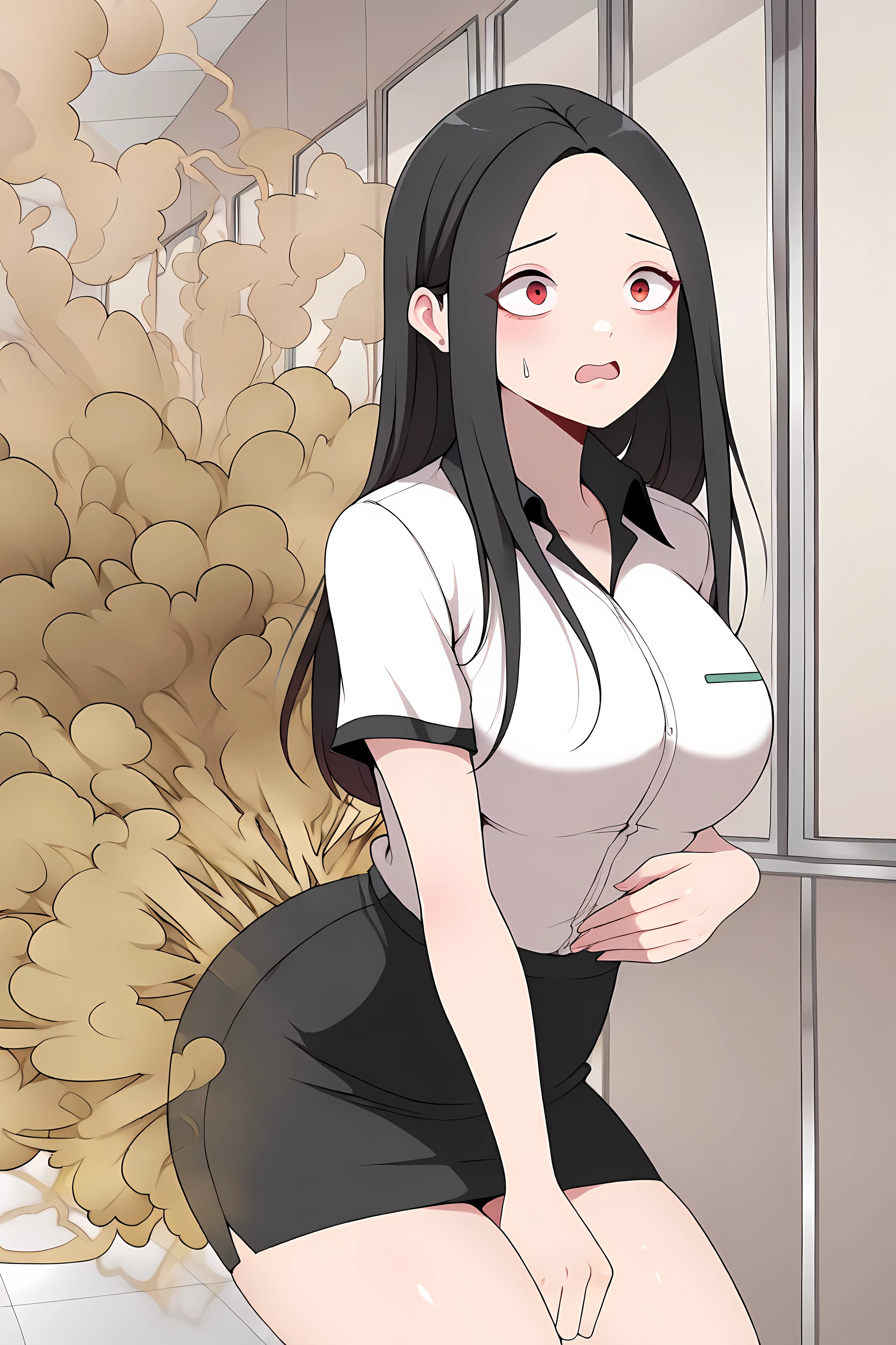 yoo jae-kyung, long hair, large breasts, black hair, red eyes, forehead,,,skirt, shirt, white shirt, short sleeves, collared shirt, black skirt, pencil skirt, office lady, cowboy shot, surprised face,
Solo, general, masterpiece, highres, ultra-detailed, hyper-detailed, best quality, amazing quality, very aesthetic, best hands, best eyes, best hand
adult woman, 1woman, hand clutching own stomach, sweat, leaning forward, nervous, scared, school hallway, (Fart:2) , ( (yellow gas:2), fart near ass only,