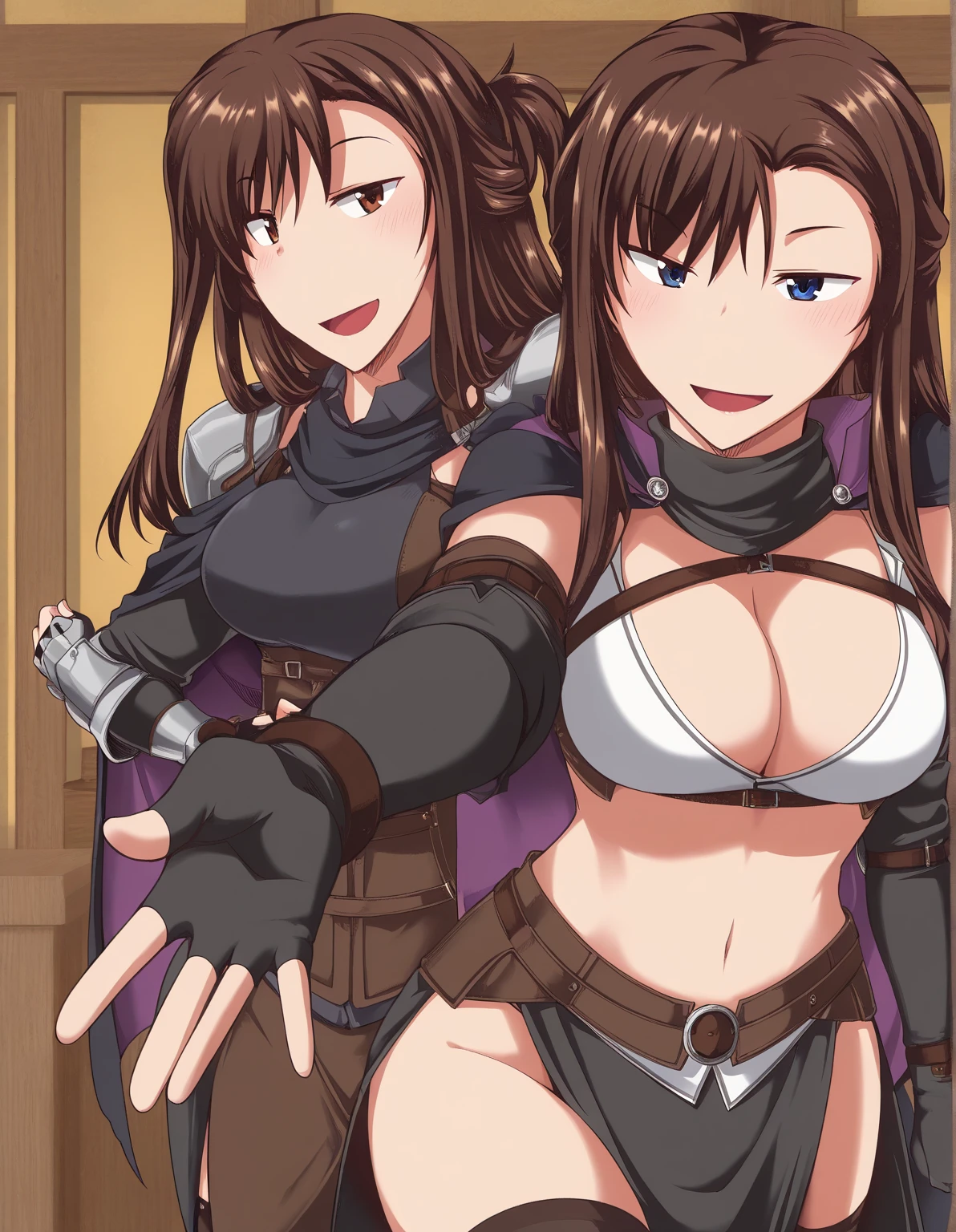 2  woman, 2girl, beautiful, shot hair, standing, masterpiece, best quality, highly detailed, fantasy , a anime girls in armored dress holding a sword
posing for a picture, evil smile, smile, open mouth, breastplate with open cleavage, cleavage, warrior
outfit,  anime style, anime girls,  style, () , , digital anime art!!, in
anime style, official artwork, visual novel cg, beautiful anime girl, anime style 4 k , loincloth, exposed
belly, exposed navel, exposed midriff, exposed lower belly, pencil skirt armored, castle,inside castle