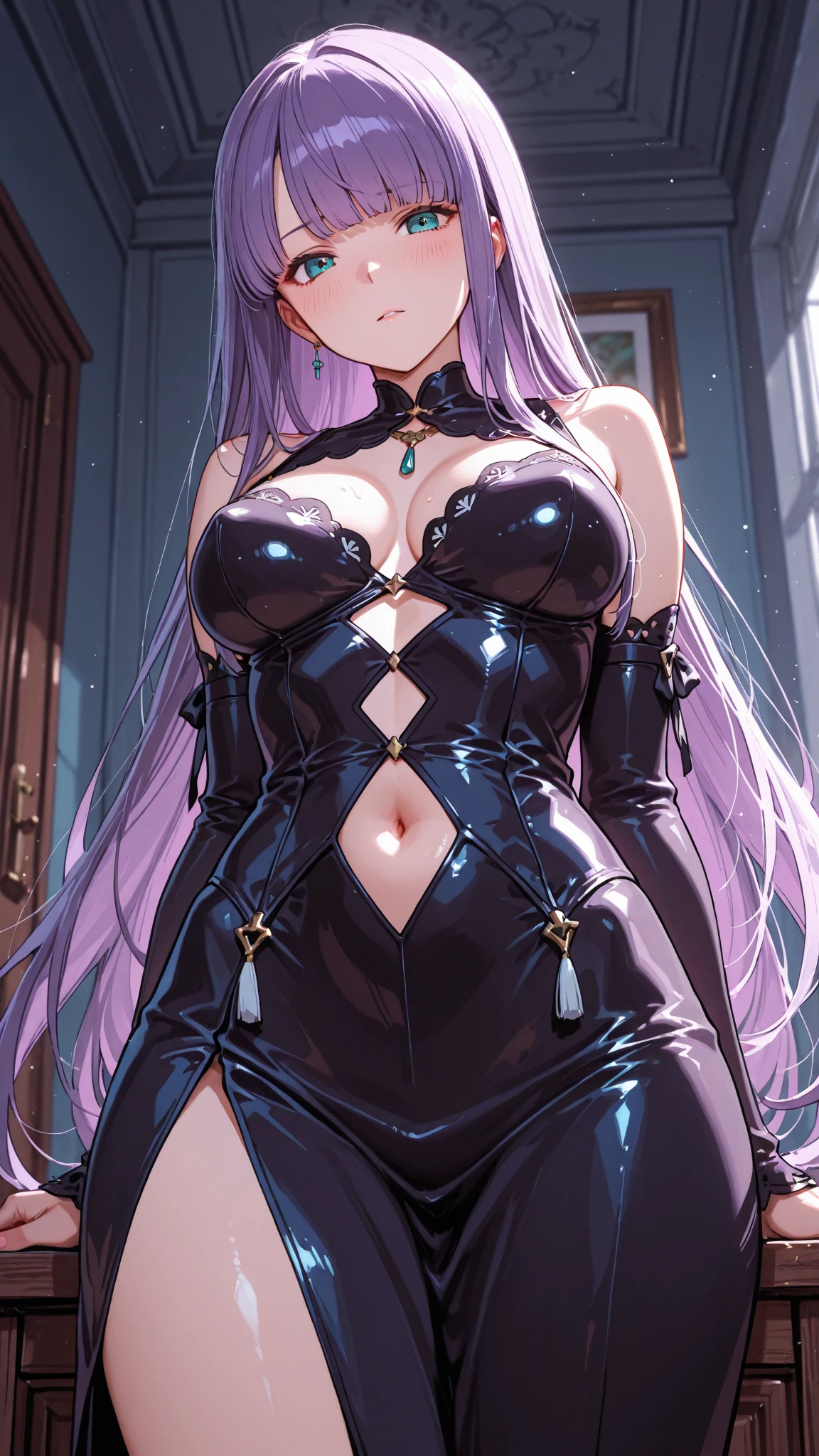 Beautiful  in a  purple-silver-lavender sequin party dress, shiny, stylish