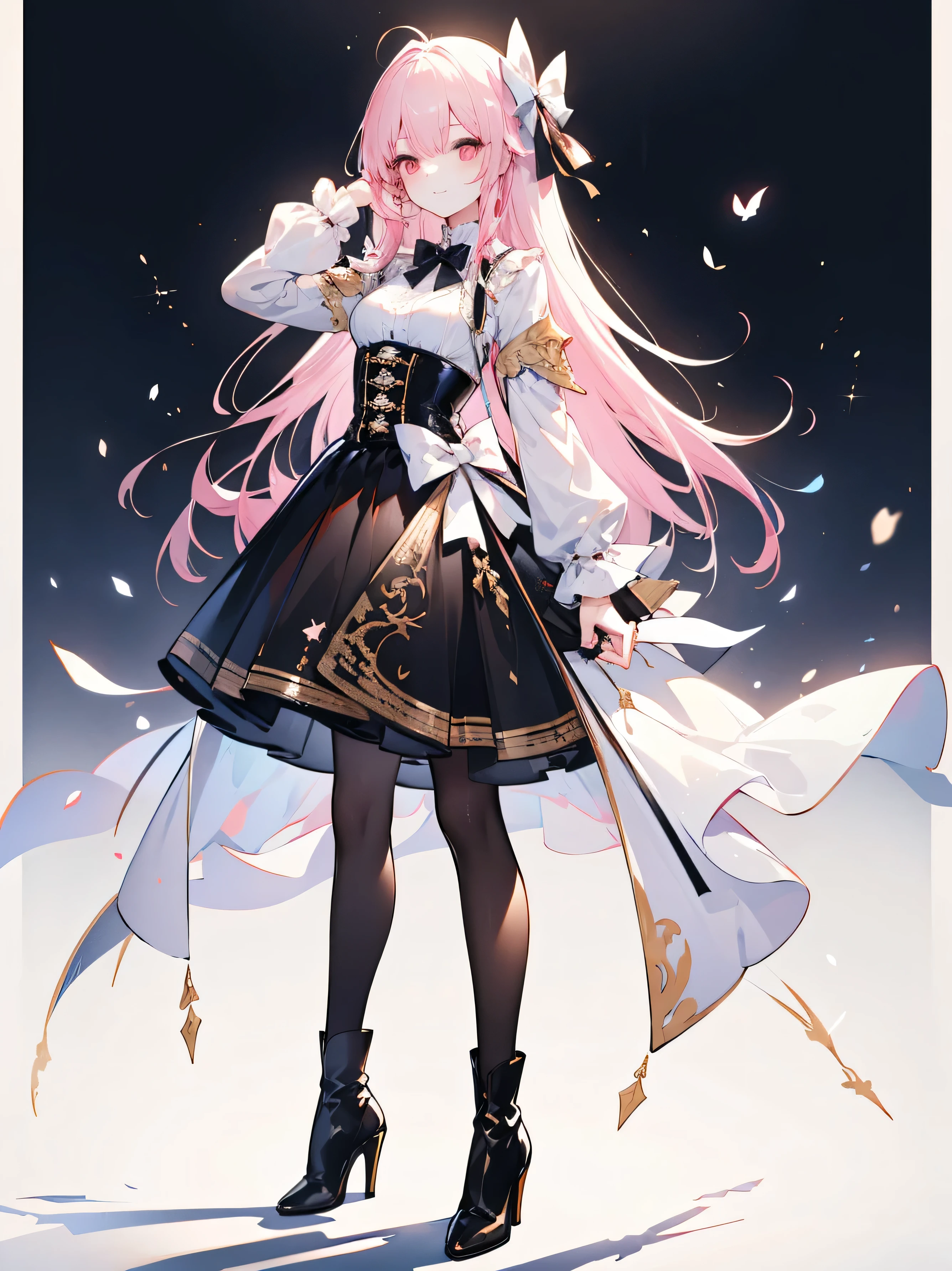 (masterpiece, Highest Quality, realに, work, very detailed, 8k), ((wide angle lens, Full Body female love)), 1 Girl,Light Makeup,Delicate appearance,smile,Full Body, old clothes, printed sash, white shirt, corset, long sleeve, collar, bow tie, black pantyhose, high-heel boots, simple background ,Standing posture ,Turn your face to the audience,Full Body portrait, (masterpiece 、 Highest Quality 、 real 、 work 、 Super Detailed 、 8k) 、 ((wide angle lens 、 Full Body女性愛)) 、 1 girl 、 Skincare 、 exquisite face 、 Smile Yan 、 Full Body 、 old clothes 、 Print Dress、 white shirt 、 corset 、 long sleeve 、 collar 、 bow tie 、 black pantyhose 、 High Heels Boots 、 simple background 、Front Standing Position 、 facing the audience 、 Full Bodyポートレート 、