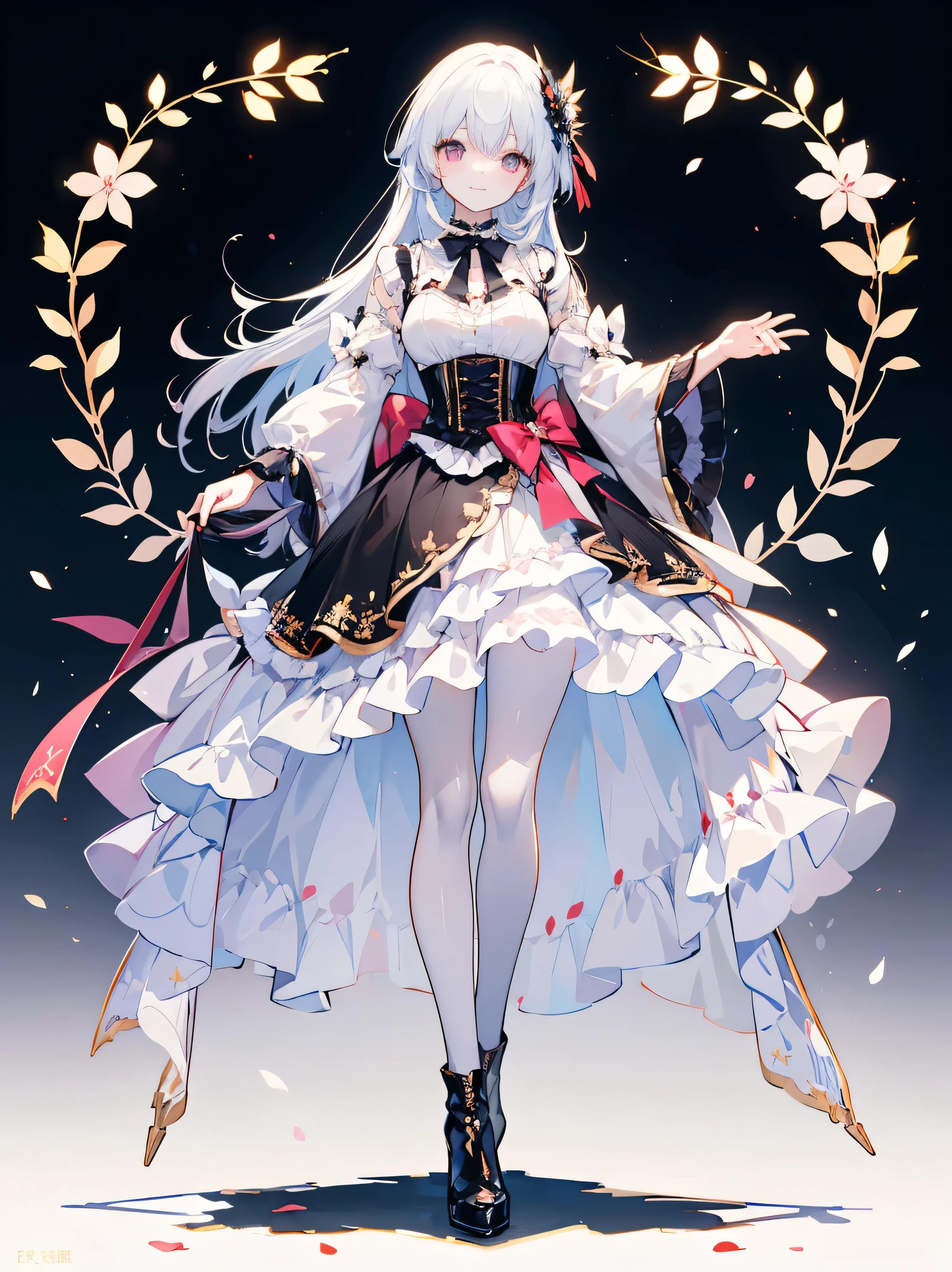 (masterpiece, Highest Quality, realに, work, very detailed, 8k), ((wide angle lens, Full Body female love)), 1 Girl,Light Makeup,Delicate appearance,smile,Full Body, old clothes, printed sash, white shirt, corset, long sleeve, collar, bow tie, black pantyhose, high-heel boots, simple background ,Standing posture ,Turn your face to the audience,Full Body portrait, (masterpiece 、 Highest Quality 、 real 、 work 、 Super Detailed 、 8k) 、 ((wide angle lens 、 Full Body女性愛)) 、 1 girl 、 Skincare 、 exquisite face 、 Smile Yan 、 Full Body 、 old clothes 、 Print Dress、 white shirt 、 corset 、 long sleeve 、 collar 、 bow tie 、 black pantyhose 、 High Heels Boots 、 simple background 、Front Standing Position 、 facing the audience 、 Full Bodyポートレート 、