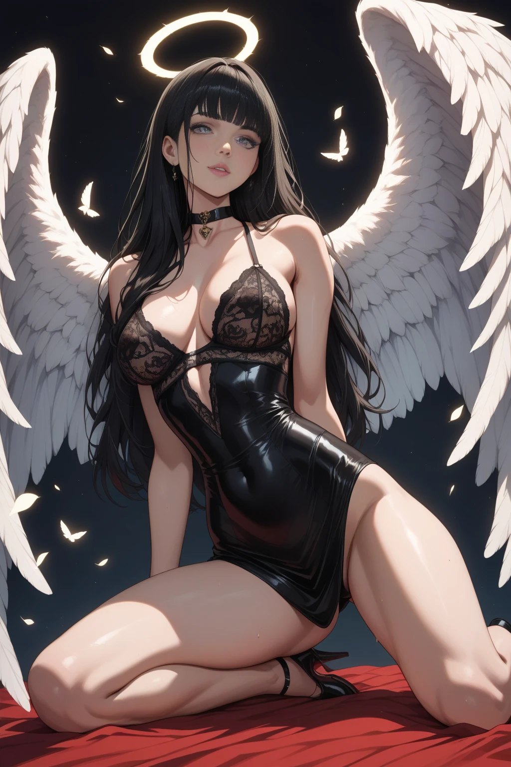 Model: long wavy black hair, full dark lips, Smoky eyes, BREAK, Setting: Room with black light, Broken glass, Crystals reflect light, neon lights, BREAK, bodypaint: Polychromatic geometric patterns, Torso cover, Arms and legs, BREAK, Accessories: Chrome-plated chains with torn body, Silver Choker, black feathered white black wings, ?????, ???????, ??????????,BREAK, the pose: on a bed,The head is tilted upwards, looking forward. up close