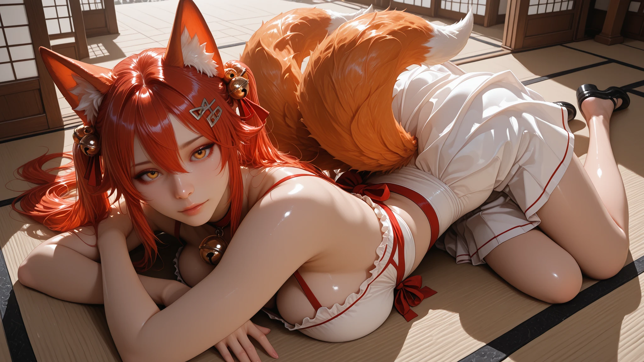 solo, Masterpiece, Realistic descending image, Highest quality ,Realistic descending image, neck bull bell,  Complex Art , KIT SUNNY STAR VTXL, fox, (animal ear fluff), golden eyes, gray hair, long hair, side lock  , ngực to, hair between the eyes, red hair jewelry, Hairpin,  hair bell, red choker bell ,  massive boobs, đuôi chồn ,  multiple tails , bare shoulders, Disconnect , White Kudress expressive brush strokes, red ribbon, short white skirt,  frill, pink thighs, Shoe,In Japanese temples,  lying down on the floor:1.4,( realistic photo :1 . 2) , (shot from a high angle showing the whole body:1 . 3), (full body shooting:1 . 4)