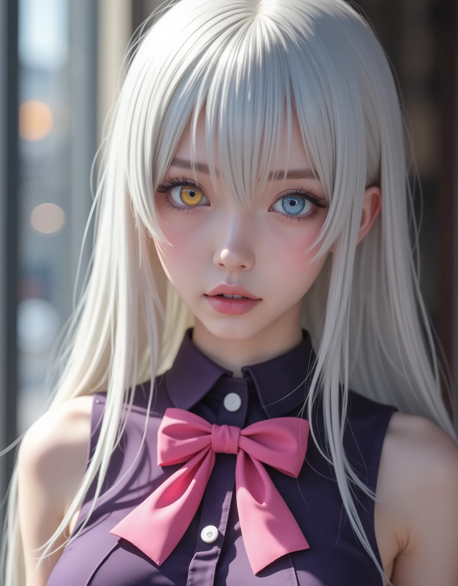 close up (hyperrealistic) by Elizabeth Liones Nanatsu no Taizai,((white hair)),ultra-detailed eyes with ((heterochromia)) yellow gold and blue,emphasized bust,her outfit is a tight sleeveless dark purple shirt with its back exposed with white buttons,Wear a (pink bow tie),He wears his ((bare shoulders)),(RAW photo),(photorealistic),(masterpiece),(high quality),(definition 8k ),(ultra detailed),estilo hyperrealistic,fantasy background, cinematic lighting
