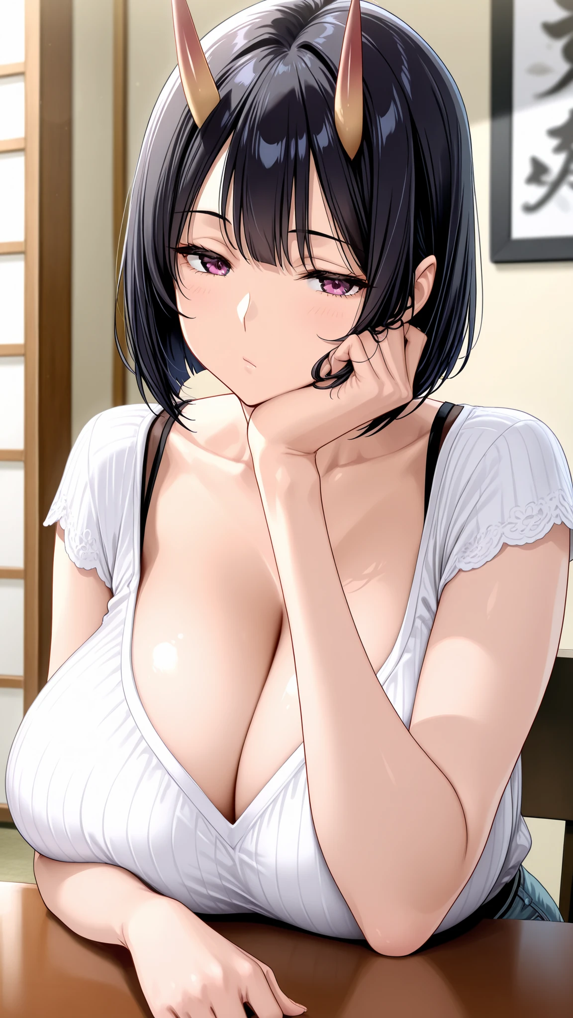 1 girl, mature, bob cut, short hair, black hair, giant , oni horns, casual clothes, chin on hand, sitting at a table, bored, looking at viewer