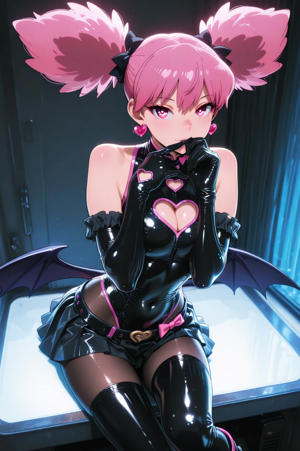 Anime Waifu beautiful detailed eyes, beautiful detailed lips, extremely detailed eyes and face, longeyelashes, 1girl, sensual, young woman, medium breasts, beautiful feminine face, nice thighs, slim, sexy, , beautiful clothes, perfect body, cinematic lighting and framing, (best quality,4k,8k,highres,masterpiece:1.2),ultra-detailed,digital painting,portrait,glamorous,highly detailed,soft lighting,warm color tones aachizuru, long hair,（（Highest quality，，T-And Star Piece：1.3）），Sharp focus：1.2，Pretty woman with perfect figure：1.4，，（Incredibly huge breasts：1.4），（Huge hips），smile，Thin abdominal muscles：1.2，（（Beige Hair，.4）），，Highly detailed face and skin texture，Fine grain，double eyelid、(Black Theme:1.3), (Gothic Punk:1.3), (studded leather jacket:1.1), ( leotard, Leotard Fusion Gothic Skirt, Frills, race:1.2), race-up boots, gloves, chain neckrace, choker, Chain Accessories, zettai ryouiki
、【prompt】

break (black and shocking pink theme:1.4), (Sexy succubus cosplay costume with  tattoos:1.2), (sleeveless black  high neck crop top with Heart-shaped cut keyhole:1.4), (( shoulders,  arms,  thighs):1.3), (Black  low rise micro shorts:1.3), (shocking pink grommet belt:1.3), (Tight  black long sleeves:1.3), ((A combination of black high platform shoes and thigh-high boots) with heels:1.2), (shocking pink devil horns has bioluminescence glow LED-light on temporal region:1.3), (Large bat wings for cosplay:1.4), (Black wings:1), (shocking pink (Heart-shaped, Heart symbol) Bioluminescent LED light on belly:1.4), (Black prisoner's bracelet:1.2),
