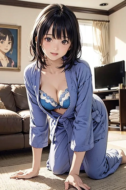 (Best quality details:1.2),realistic,8K UHD,High definition,(1girl:1.2),Ultra Detailed,High quality texture,intricate details,detailed texture,finely detailed,high detail,extremely detailed cg,High quality shadow,Detailed beautiful delicate face,Detailed beautiful delicate eyes,Depth of field,Ray tracing,20's,Pretty Kpop girl,(korean ulzzang face:1.1),slender face,(ulzzang-6500-v1.1:0.6),PureErosFace_V1,Glow Eyes,blush,glossy lips,perfect body, (choker,cleavage,blue silk bra, ((navy puffer coat oversized))), (brown hair, ponytail:1.1), 1boy,, squatting ????????????????, ???????, pov,
looking at viewer, visible pubic line