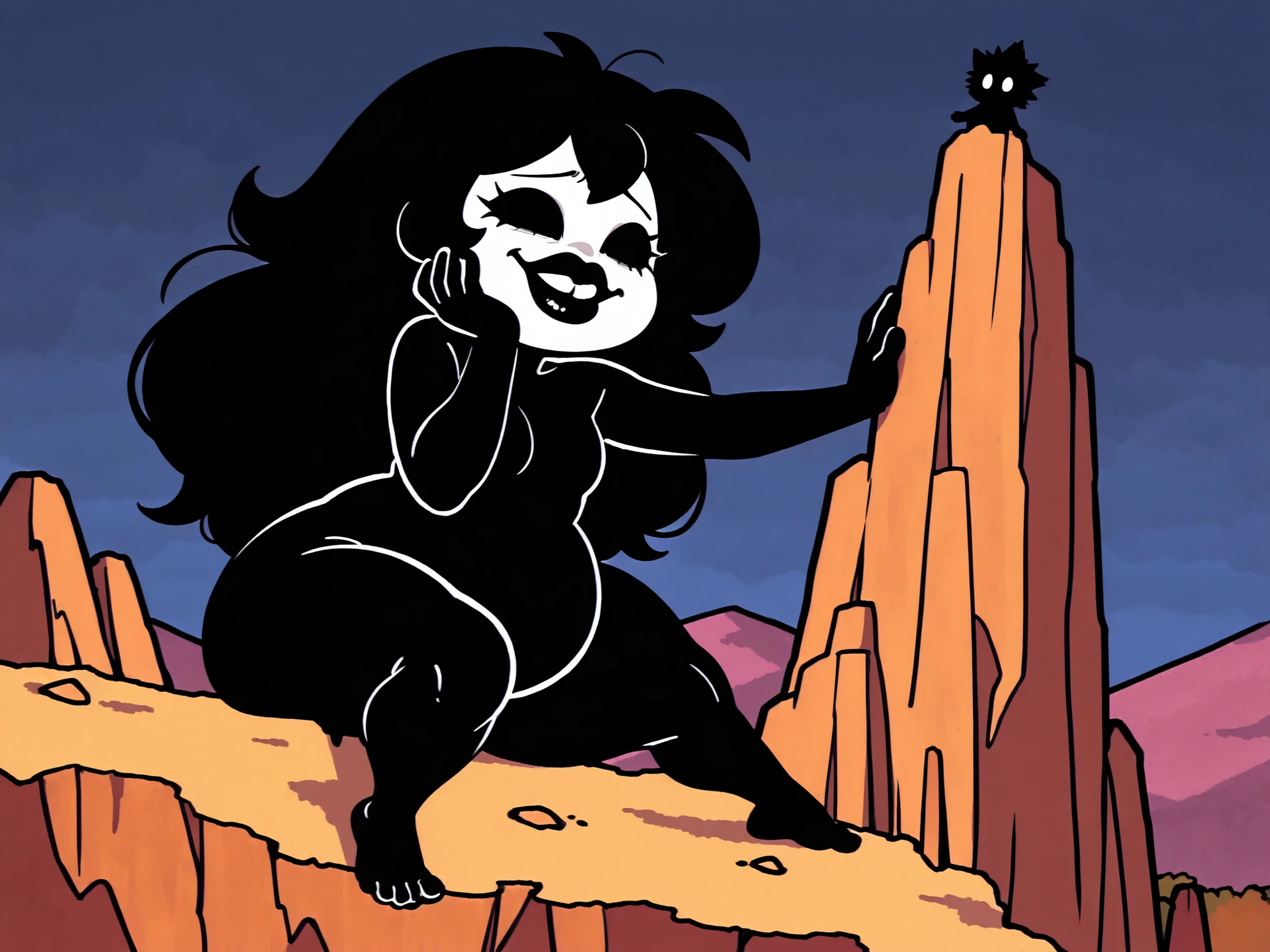 Creepy, Entity, monster, small or little female, black body, white face, beautiful face, eyelashes, big hair, black hair, spiky hair, long hair, detailed mouth, black lips, Puffy lips, black eyes, naval, empty eyes, black sclera, (cute, art creepy), big butt, wide thighs, feet, toes, posing, any pose, eye markings, black markings, sitting, lying, hand on face, standing, adoring,
BREAK climbing mountain, climbing outfit, girl holding onto the wall to climb, view of her climbing, huge curves, curves, big curves, massive, nights & moon, chibi style,