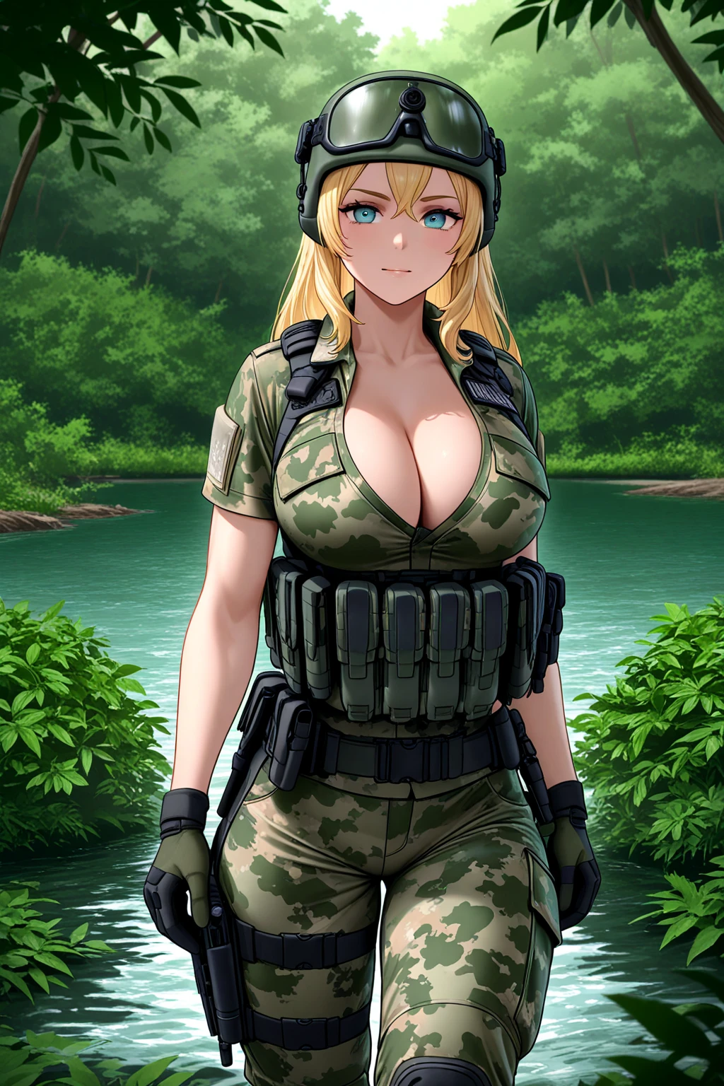 masterpiece, best quality, mgssniperwolf, blue eyes, hair over one eye, green jacket, cleavage, belt, green pants, fingerless gloves, upper body, snow, boreal forest, one knee, blank expression <lora:sniperwolf-nvwls-v2-000010:0.9>